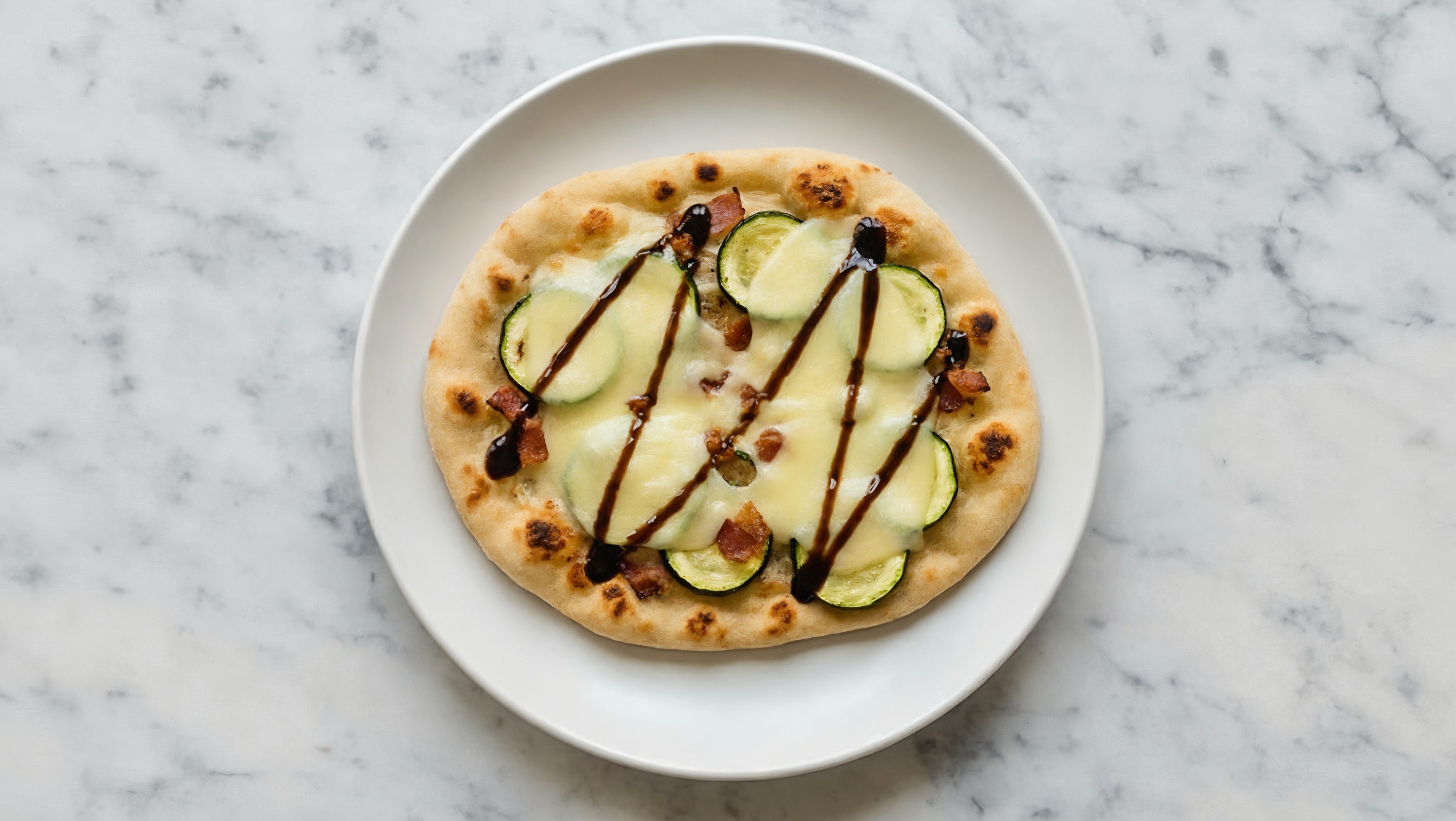 Artisanal Applewood Smoked Pork Bacon + Zucchini Pizza