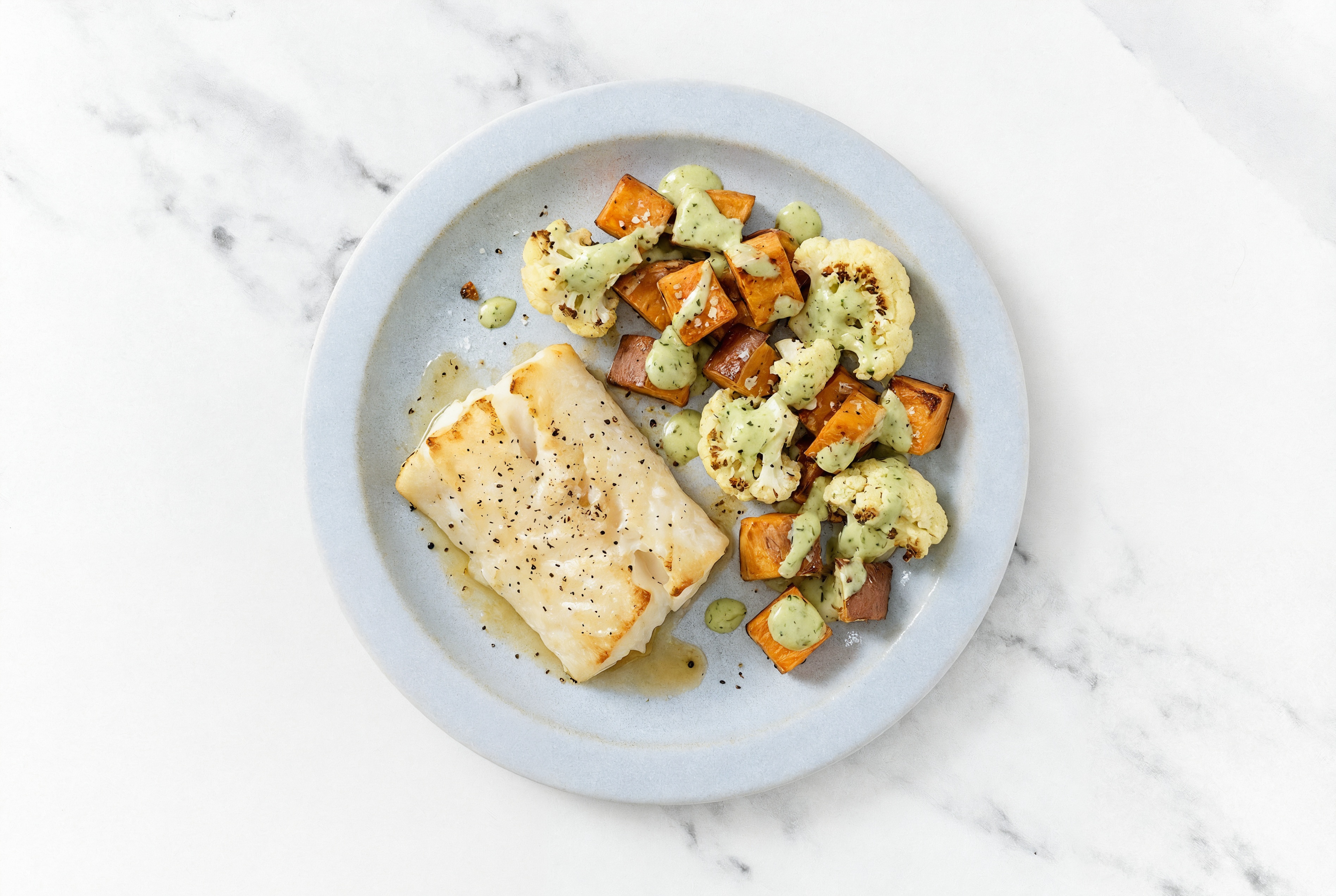Sheet Pan Green Goddess-Cod with Sweet Potatoes & Cauliflower