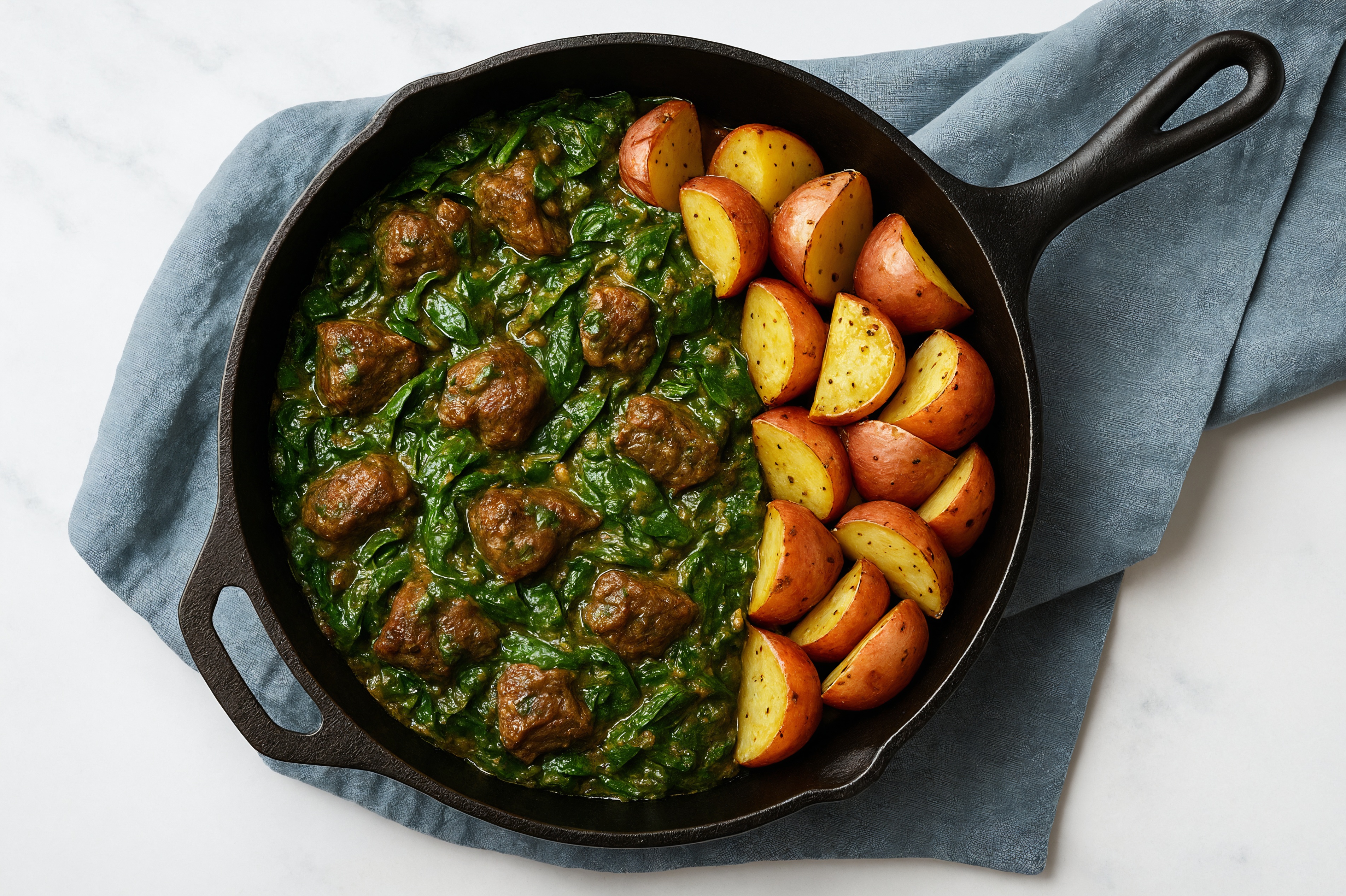Lamb Saag with Red Potatoes + Spinach Saute