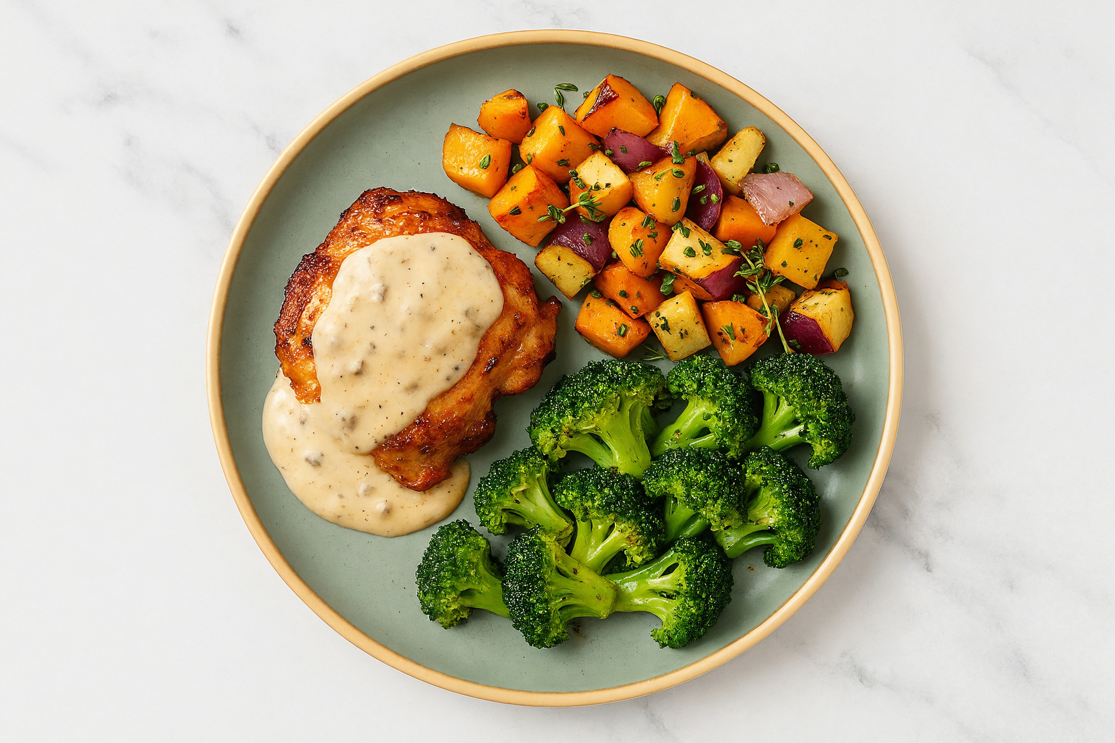 Creamy Truffle Smothered Chicken Thighs with Broccoli & Roasted Vegetables