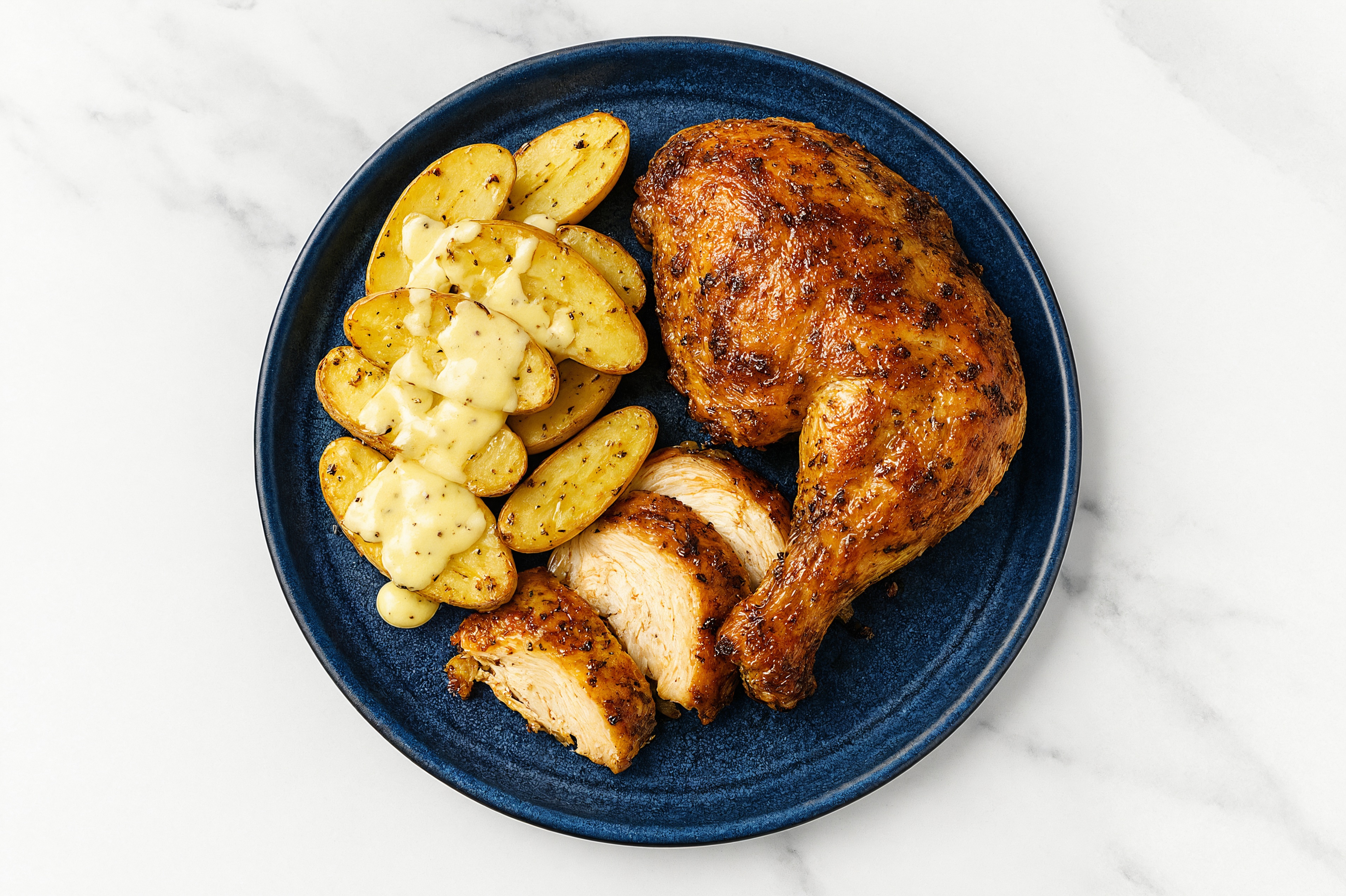 Garlic Herb Chicken + Roasted Potatoes with Honey Mustard Sauce