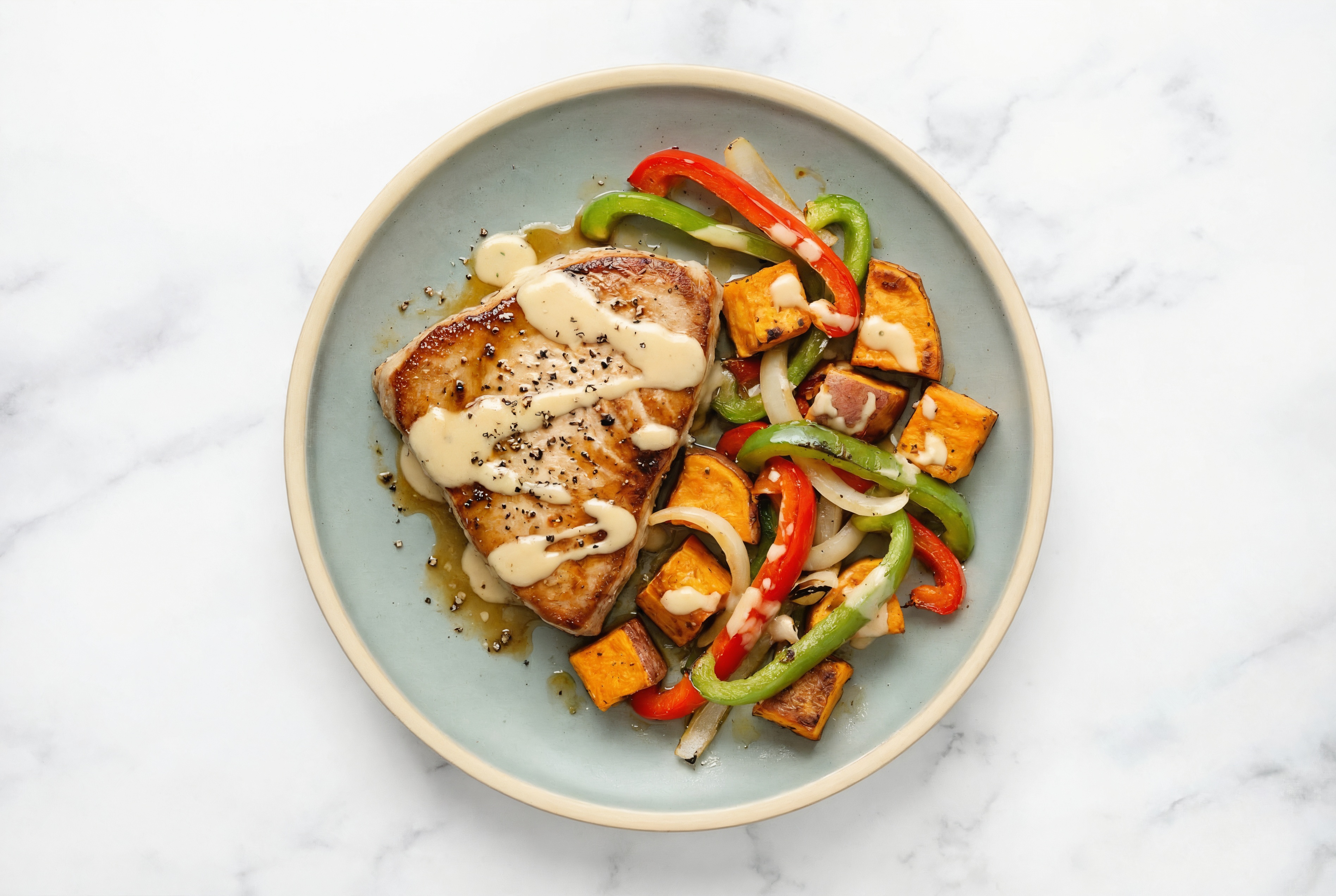 Sheet Pan Tahini-Tuna with Sweet Potatoes & Peppers