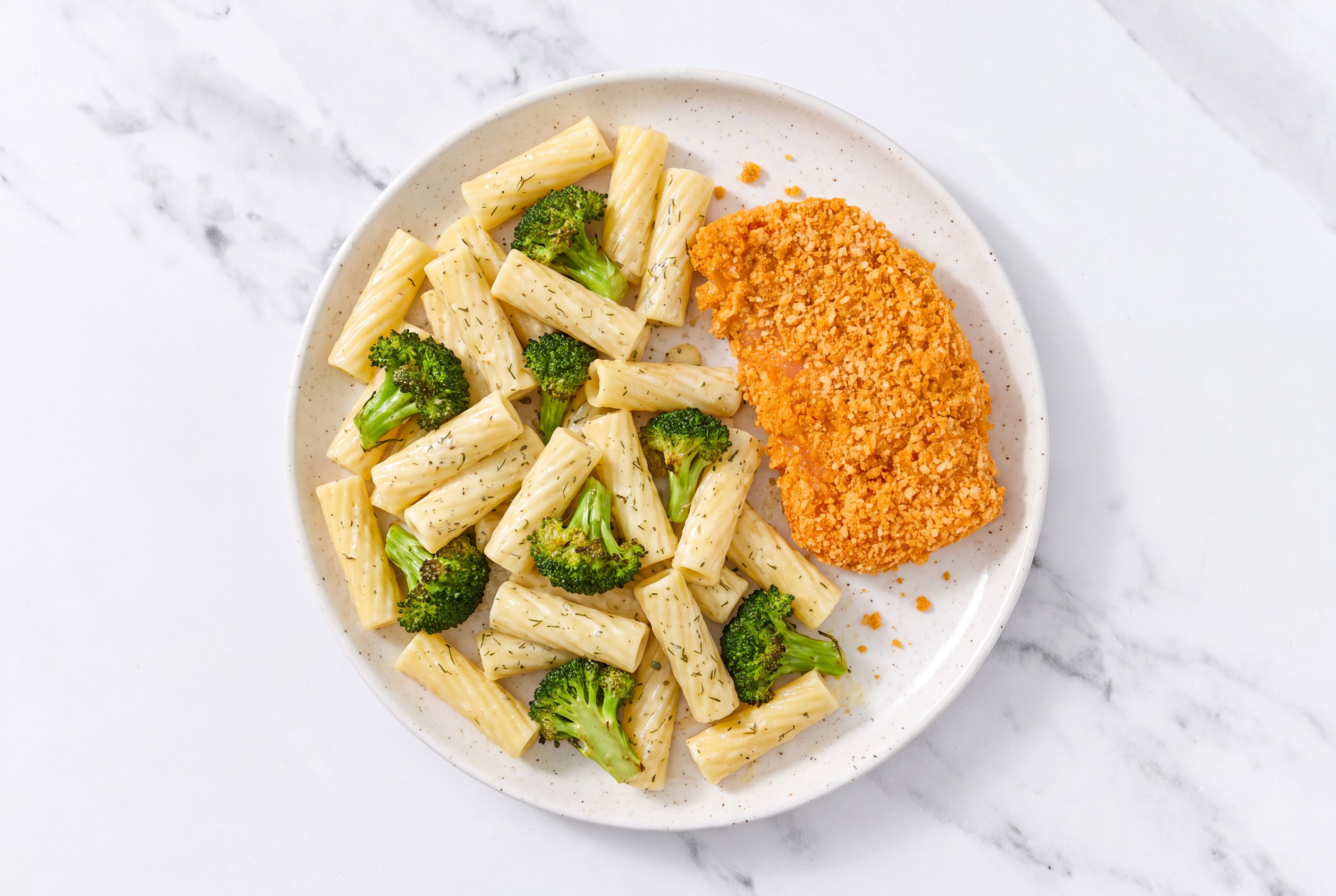 Crispy Hot Honey Chicken over Creamy Rigatoni with Broccoli