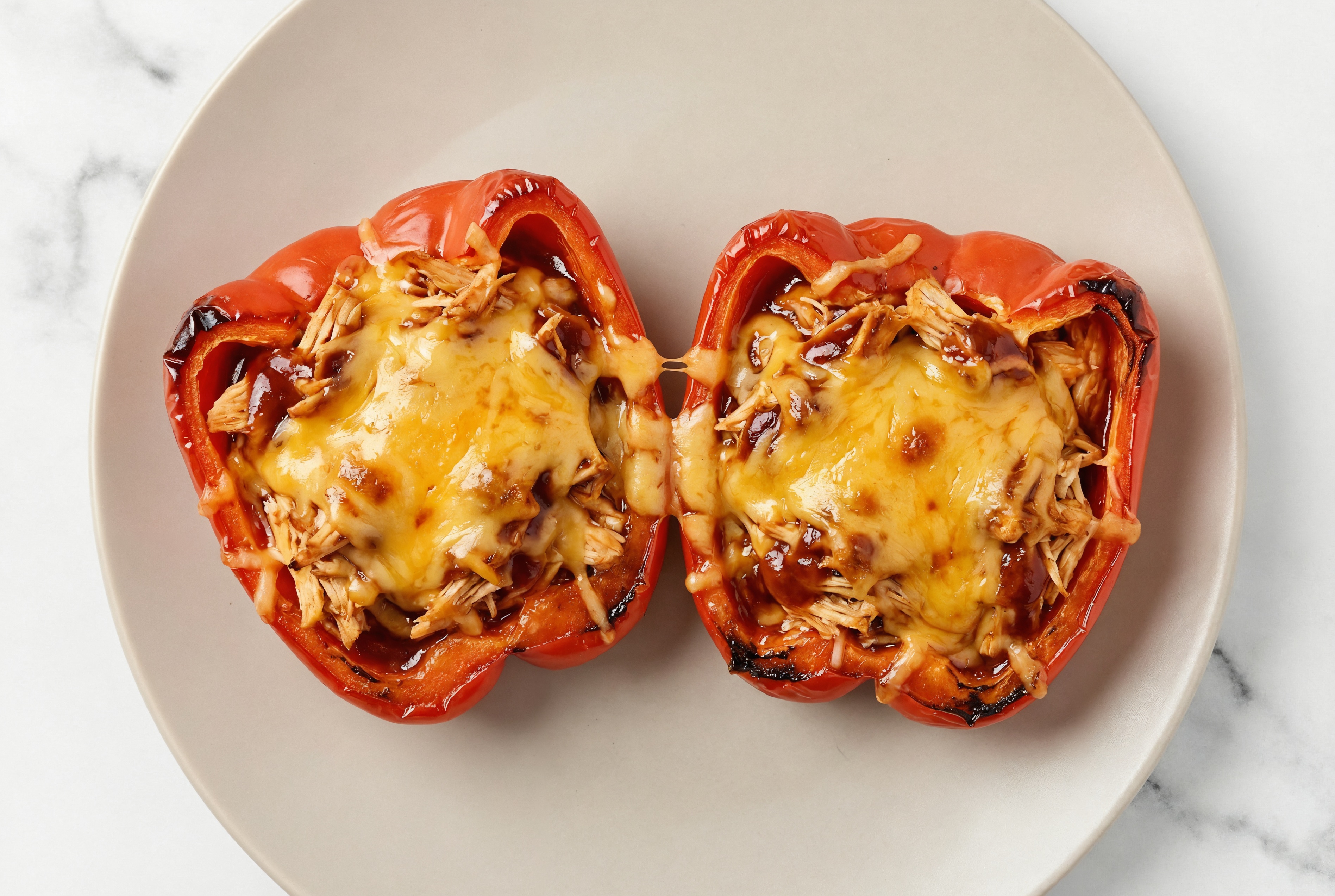 Cheesy BBQ Chicken Stuffed Organic Peppers with Original BBQ Sauce