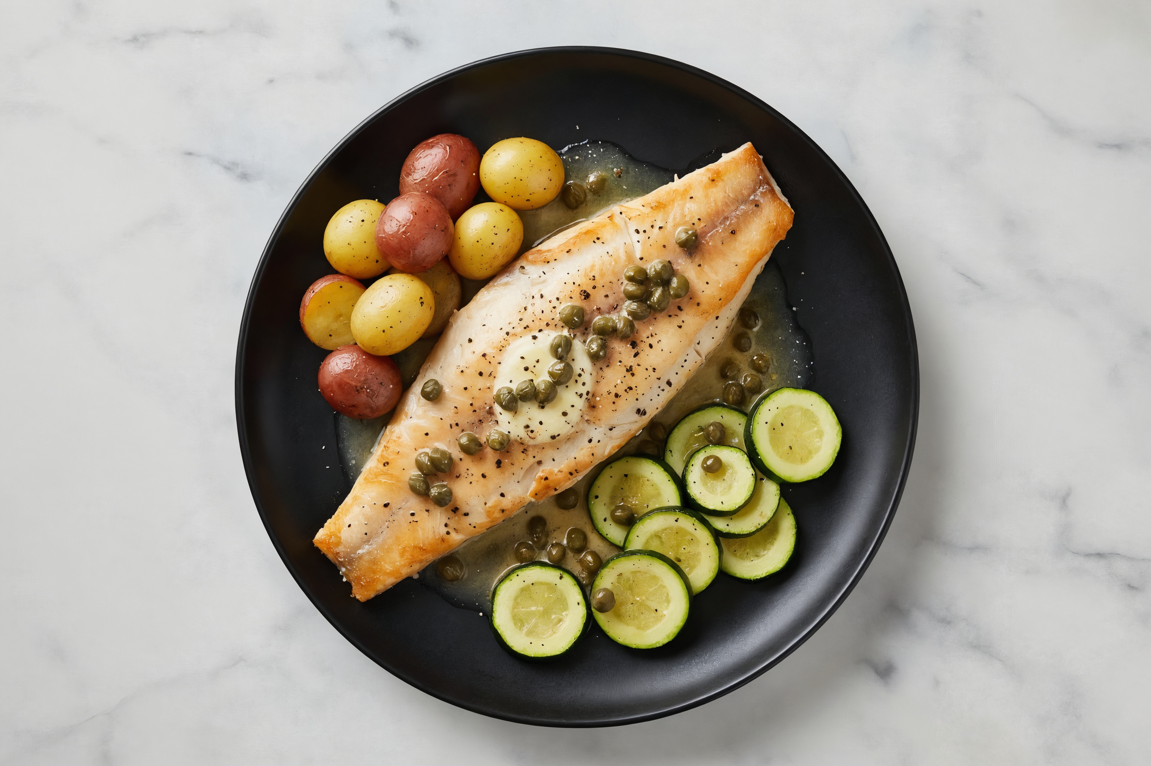Caper-Slow Churned Pasture Butter Trout with Creamer Potatoes & Zucchini