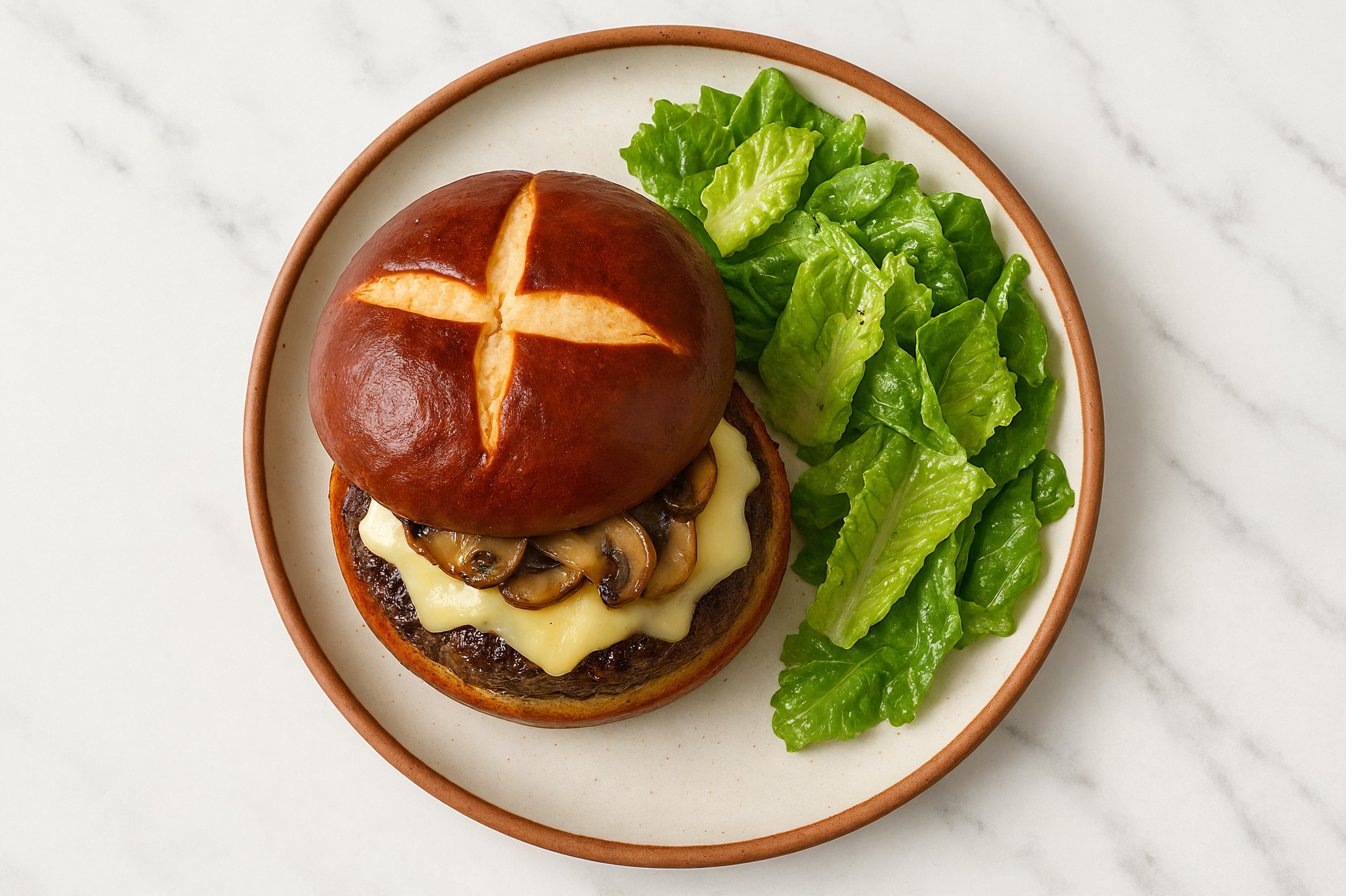 Luxurious Pretzel Cheeseburger + Side Salad with Ground Beef Patties