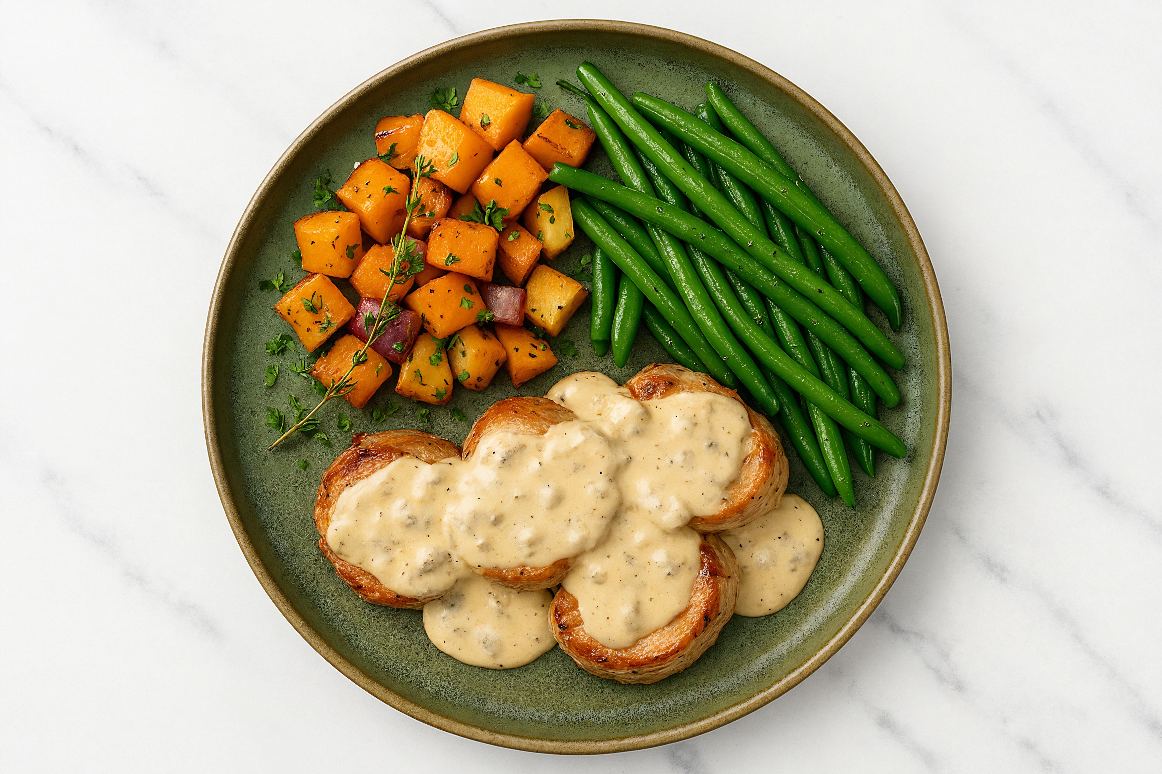 Creamy Truffle Smothered Pork Tenderloin with Green Beans & Roasted Vegetables