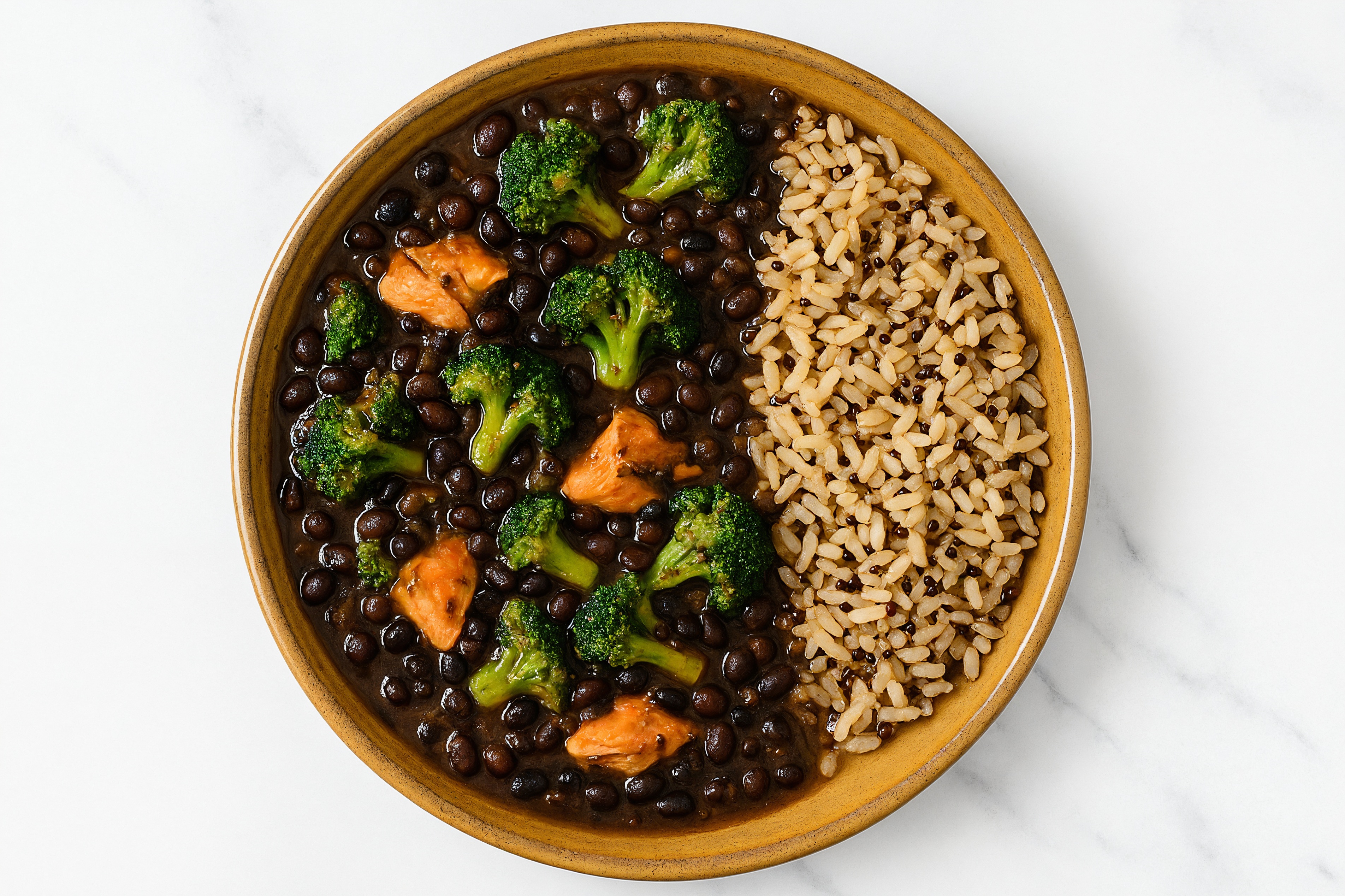 Salmon & Black Bean Stew with Broccoli Florets & Brown Rice