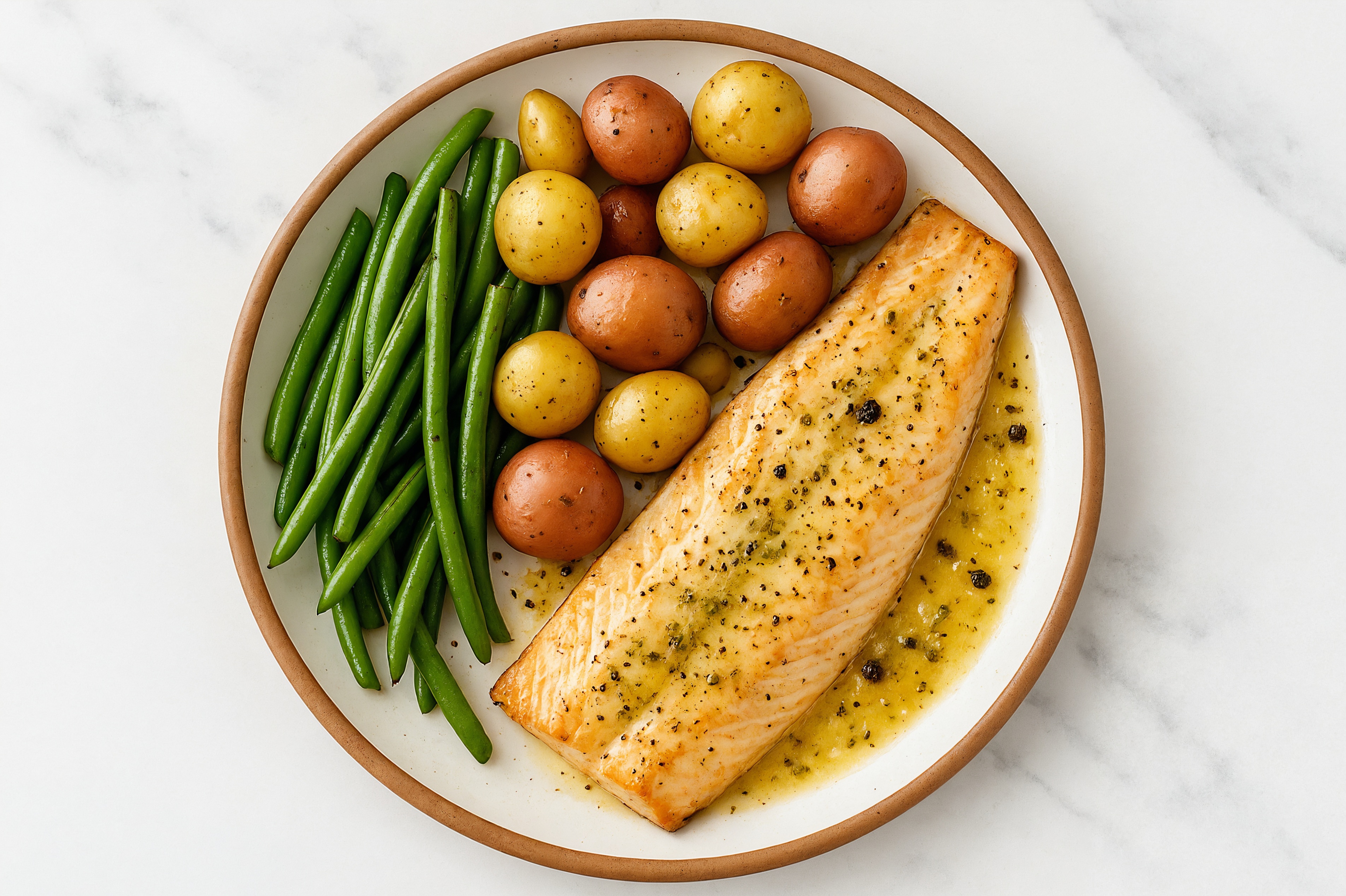 Lemon-Slow Churned & Peppercorn Pasture Butter Trout with Creamer Potatoes & Green Beans