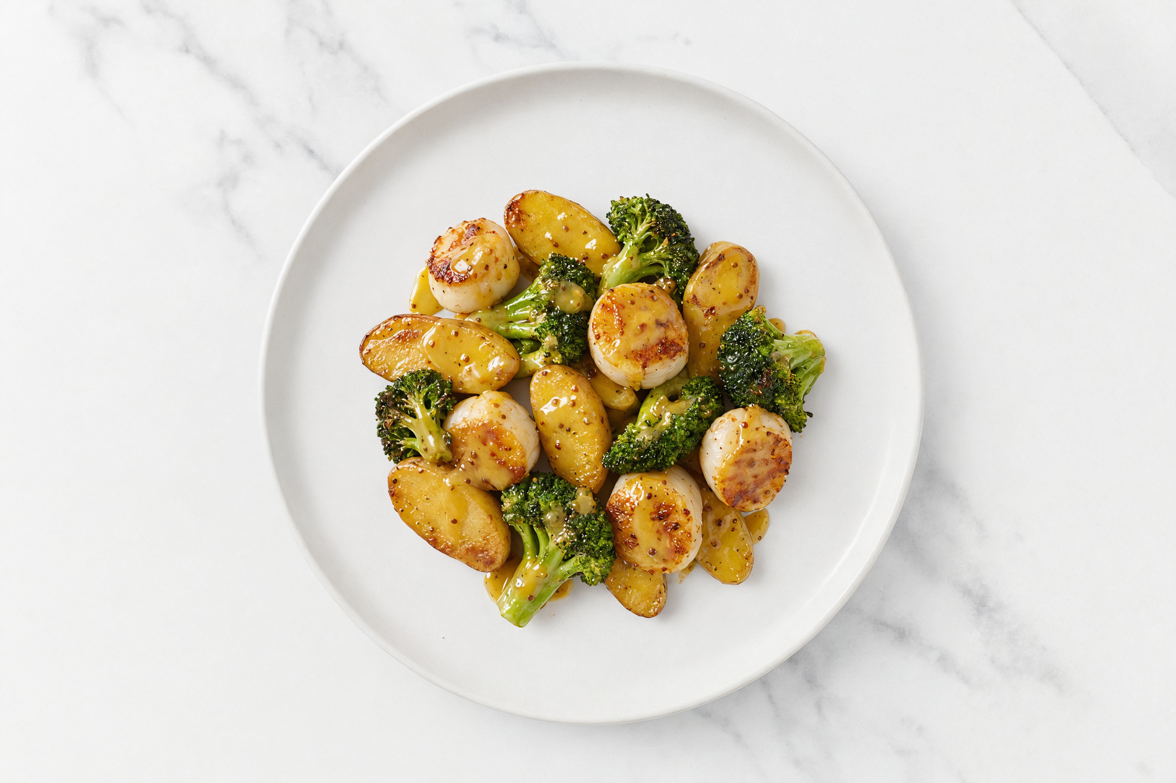 Honey Mustard Jumbo Scallops with Fingerling Potatoes & Organic Broccoli