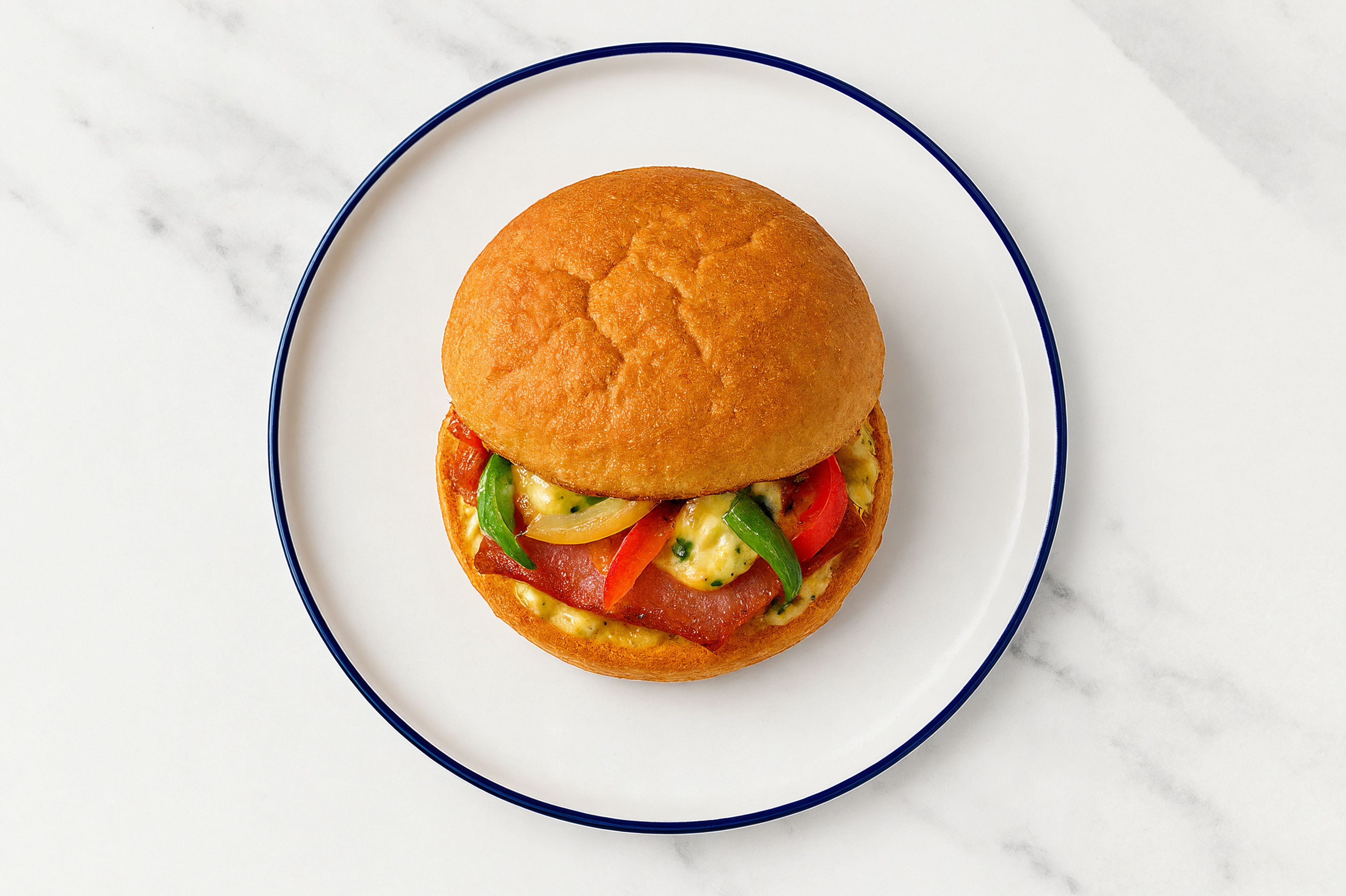 Street Corn Turkey Bacon Sandwich with Peppers + Onion on Gluten-Free Buns