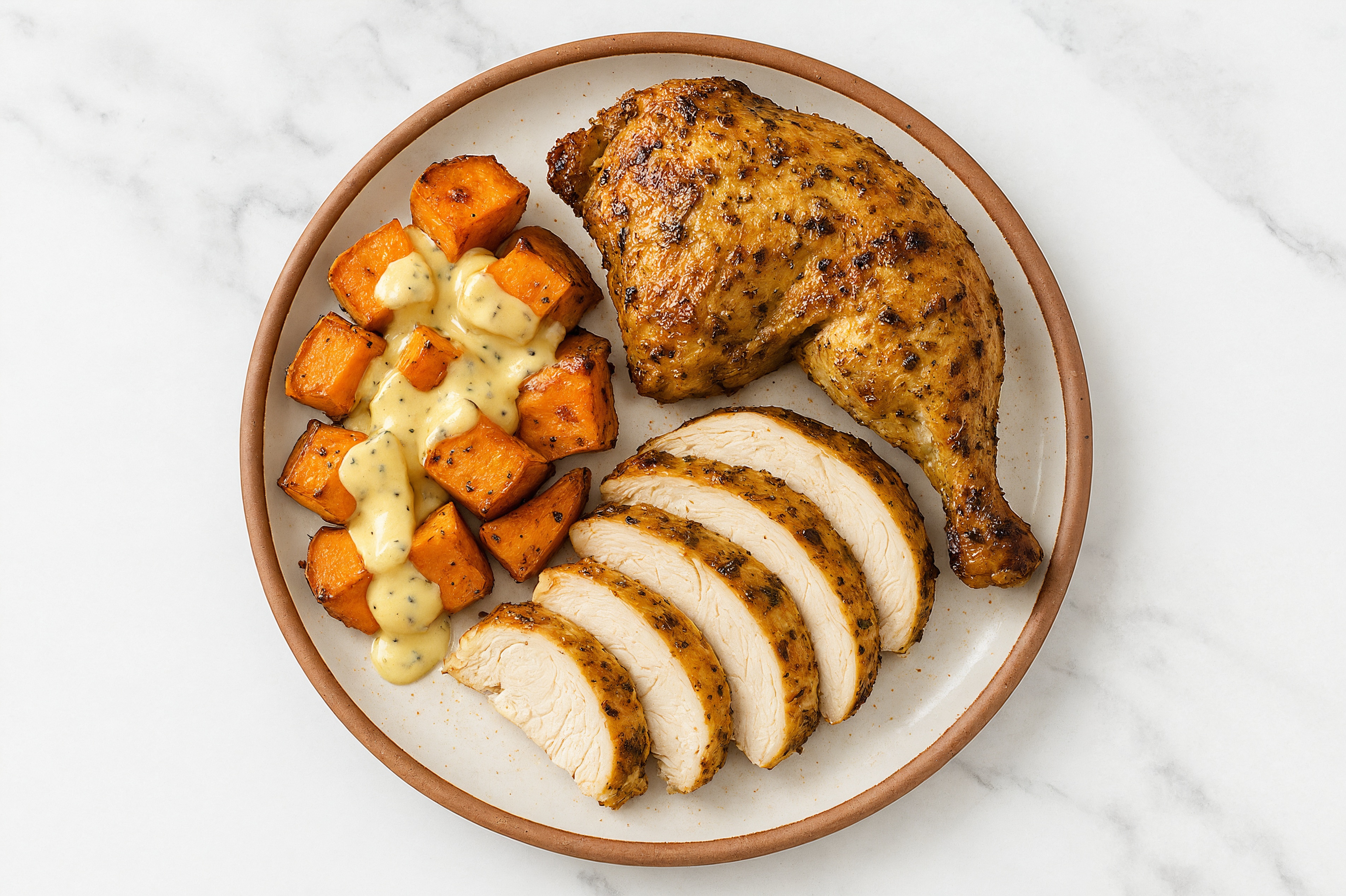 Garlic Herb Chicken + Roasted Sweet Potatoes with Honey Mustard Sauce