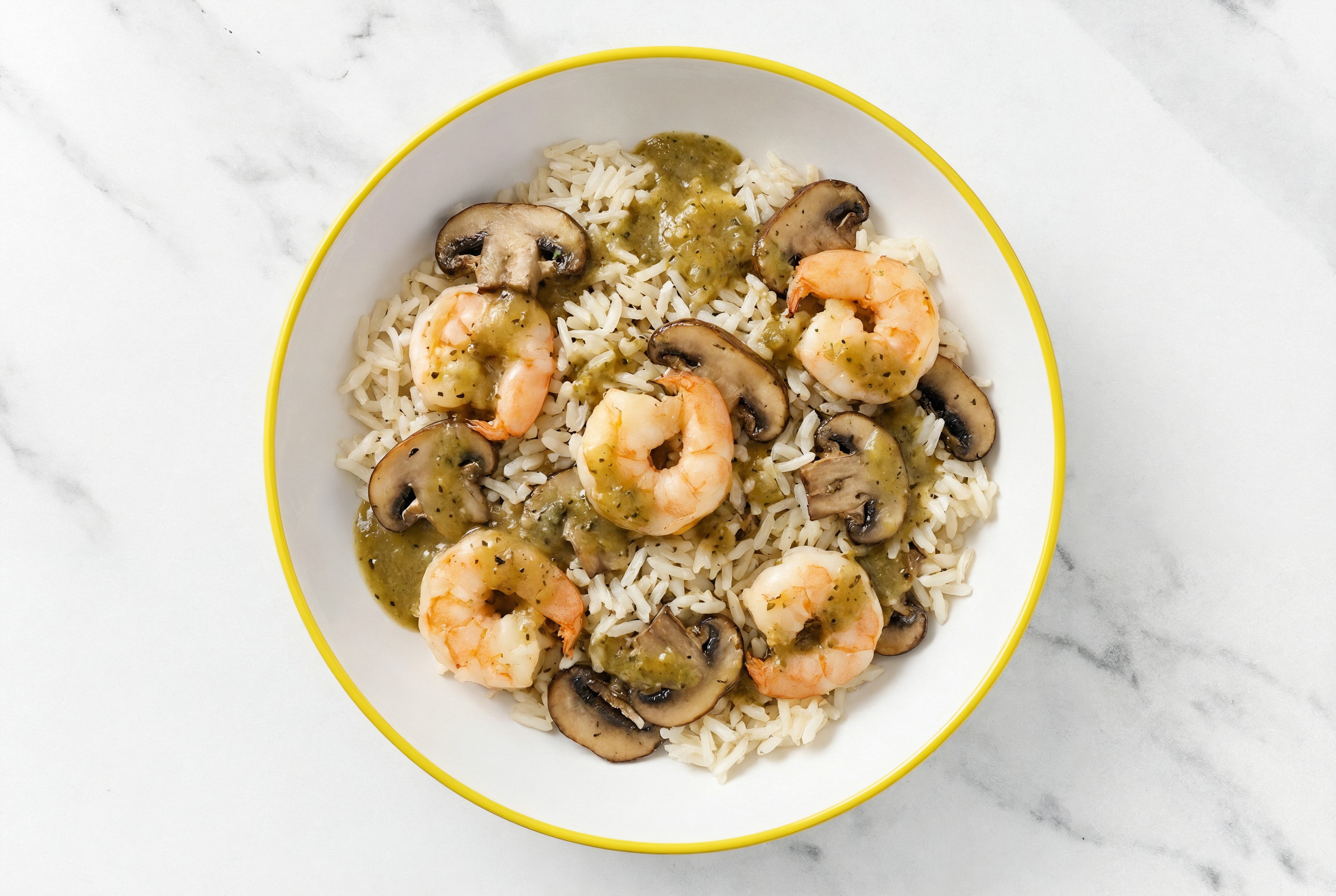 Green Chile Medium Cooked Shrimp + Mushroom Long Grain White Rice Bowl