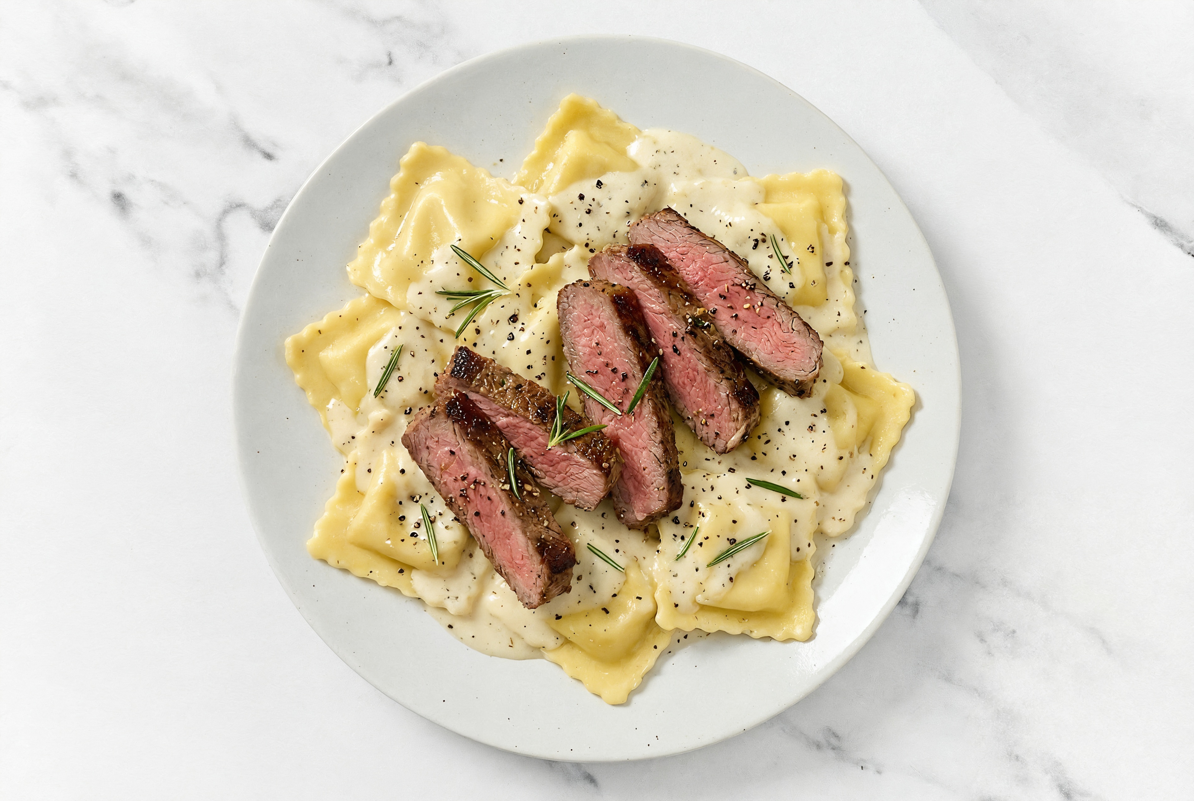 Steakhouse Rosemary Garlic Beef Flank Steak Bolognese Ravioli Alfredo