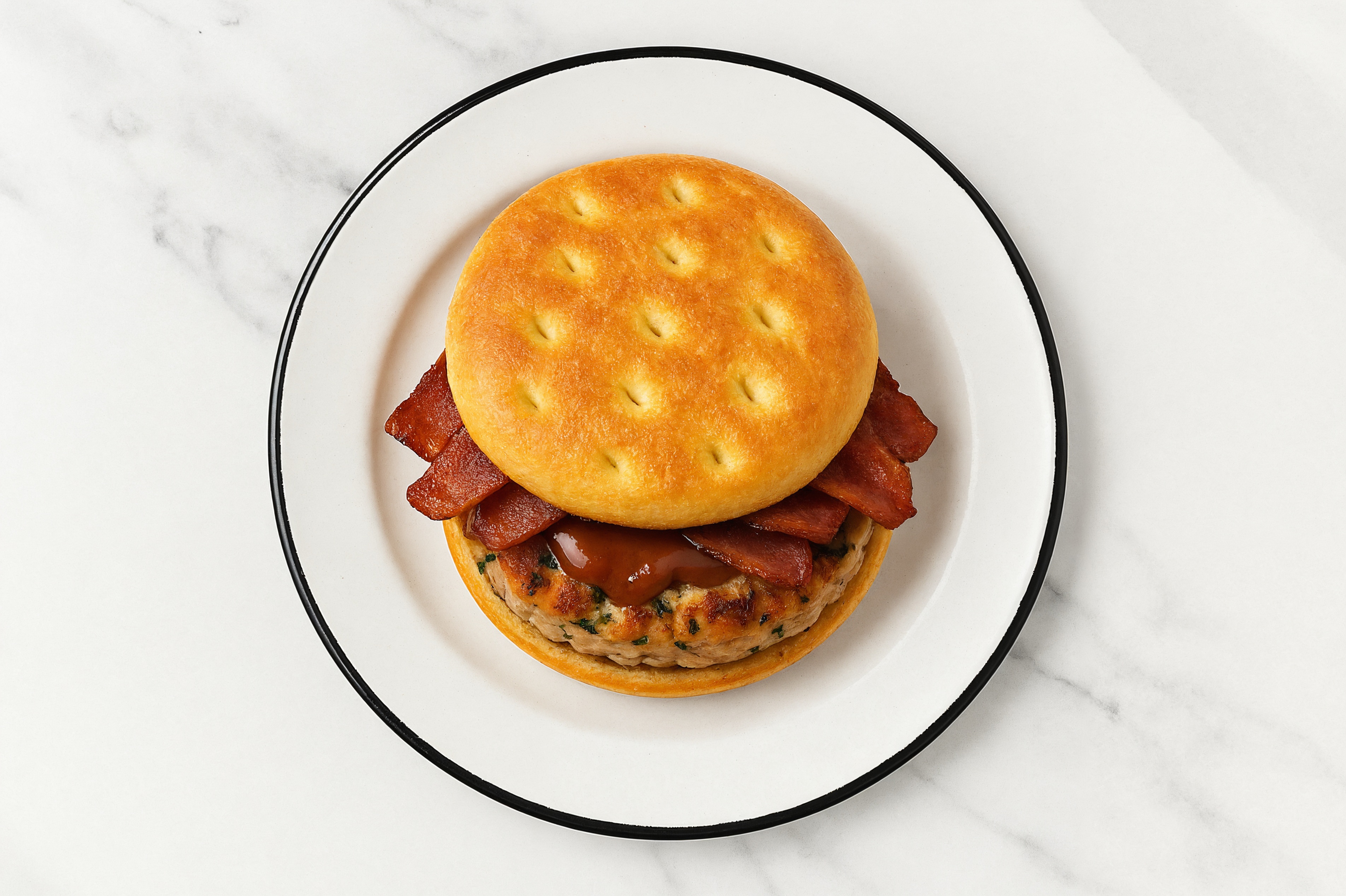Garlic Chicken Burger on Brioche Thin Buns with BBQ & Turkey Bacon