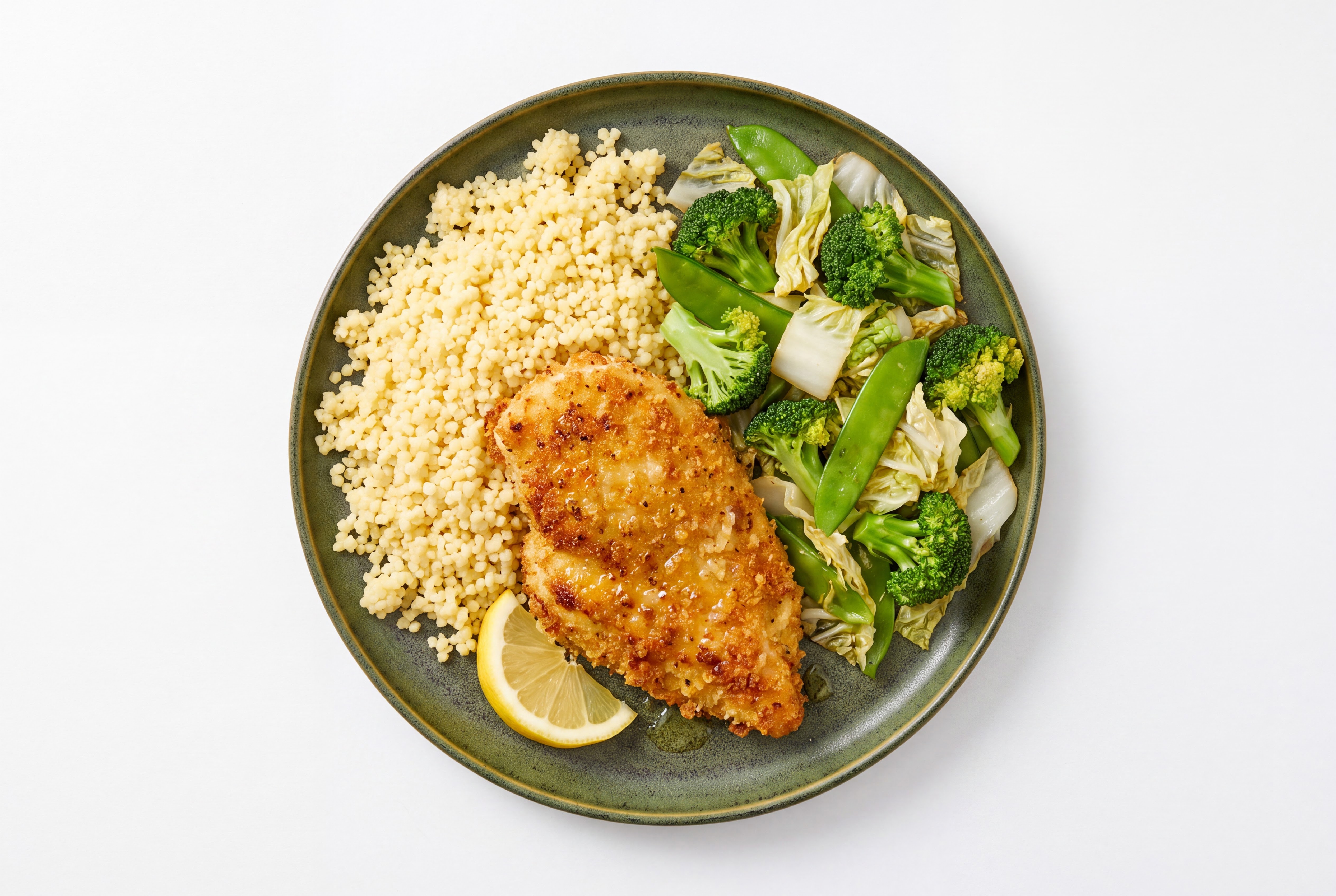 Lemon Parmesan Breaded Chicken Cutlet with Bok Choy & Couscous