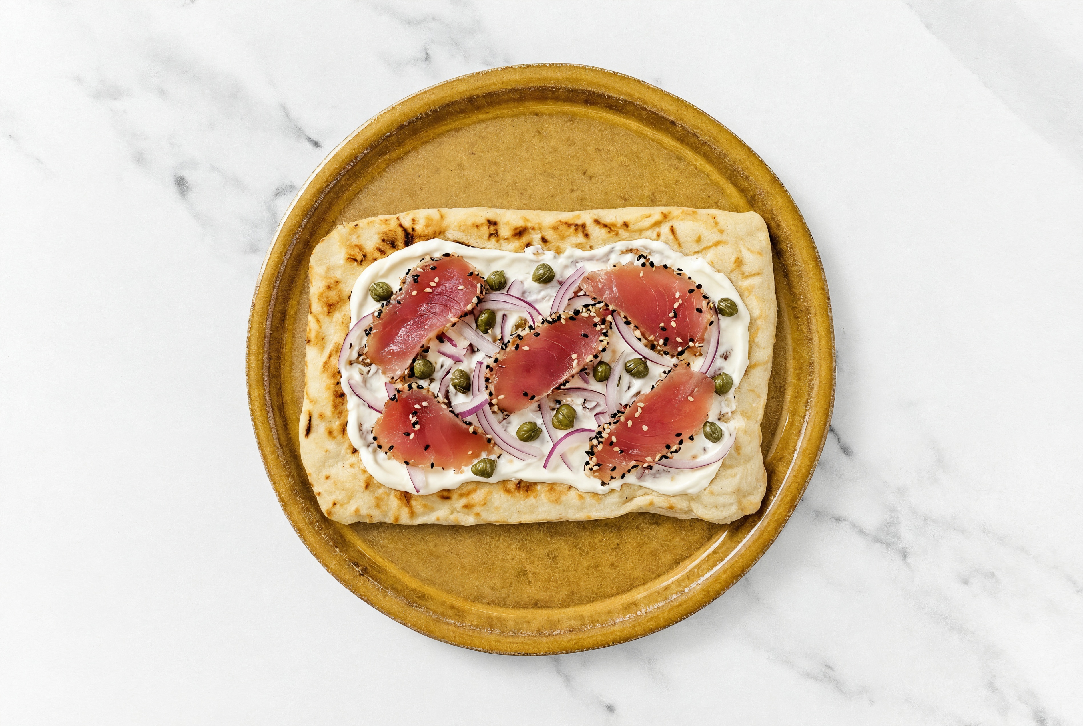Fully Loaded Tuna Bagel Wood Grilled Pizza Crusts