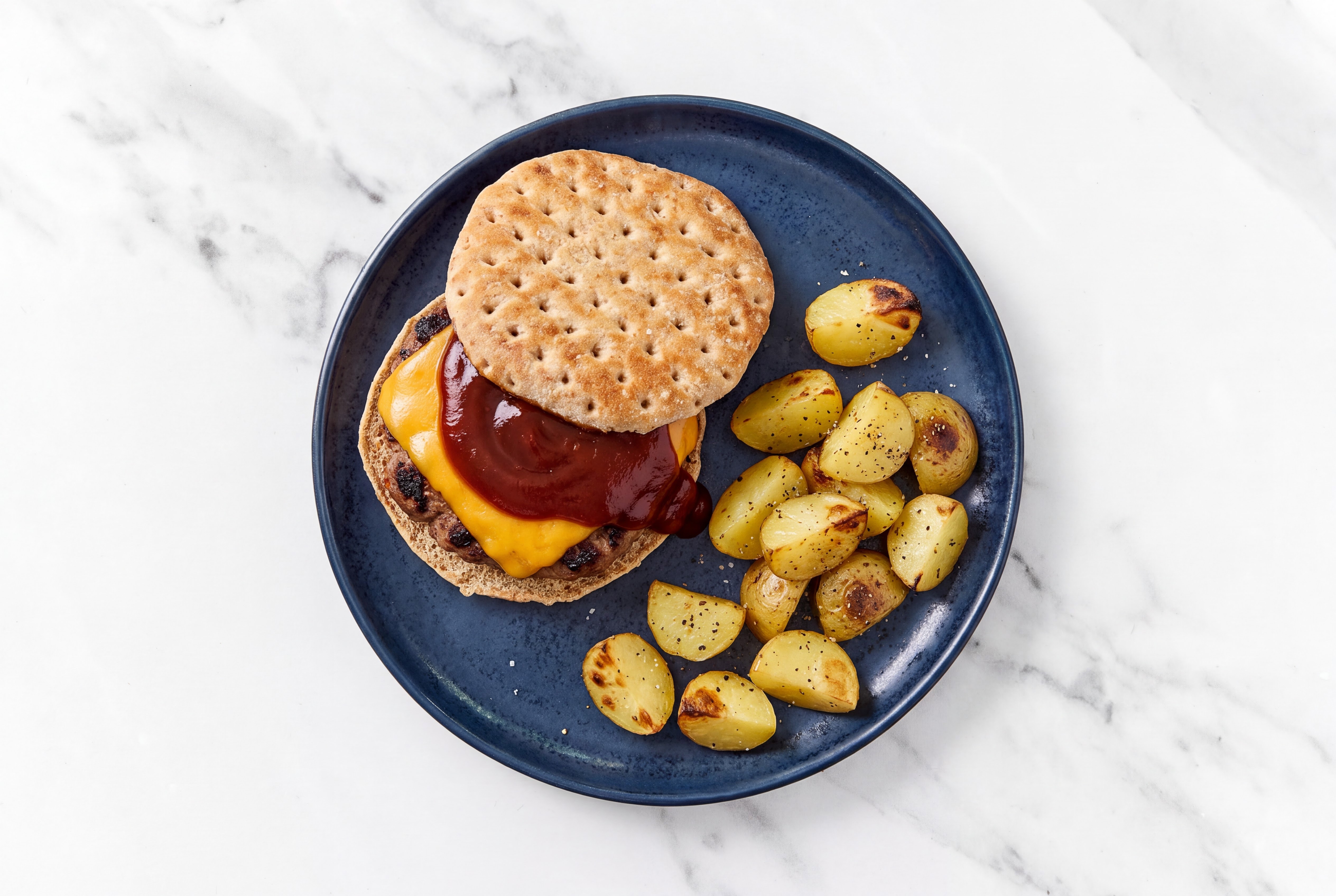 Herby BBQ Grilled Beef Cheeseburger + Yellow Potatoes