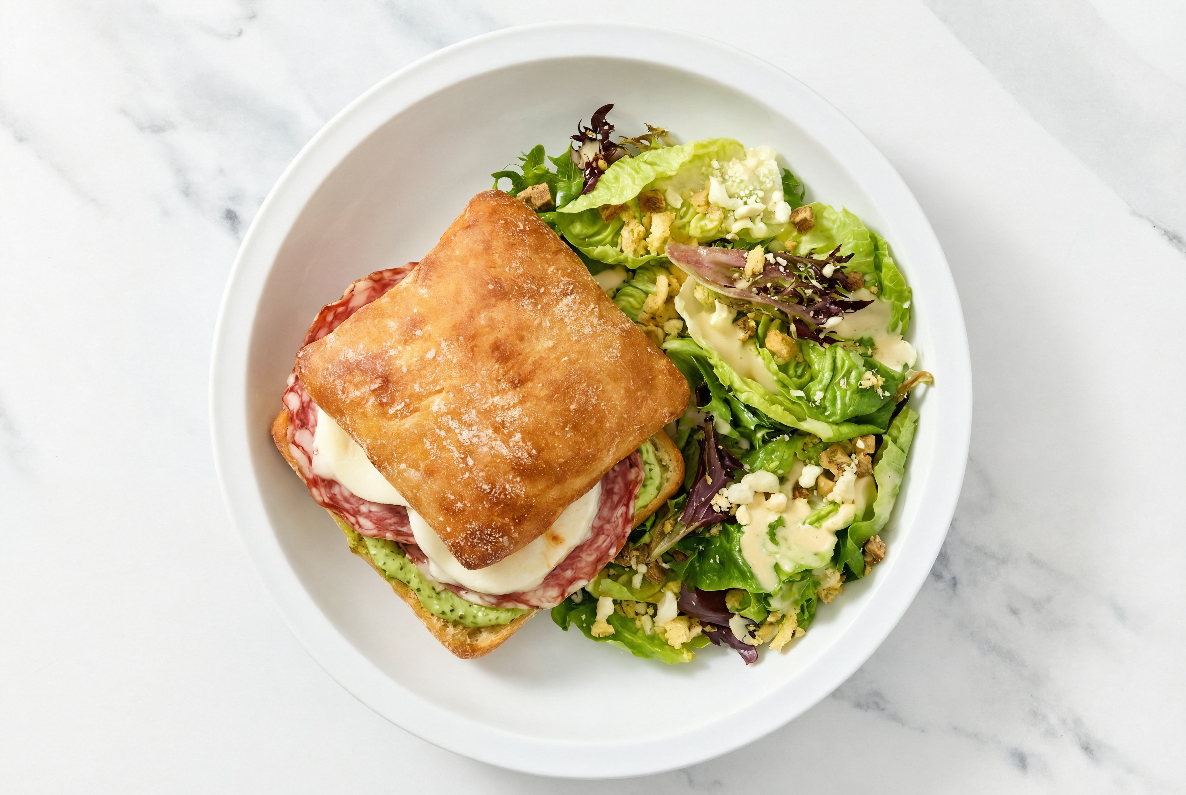 Salami + Mozzarella Sandwiches with Pesto Aioli + Side Little Gem Salad
