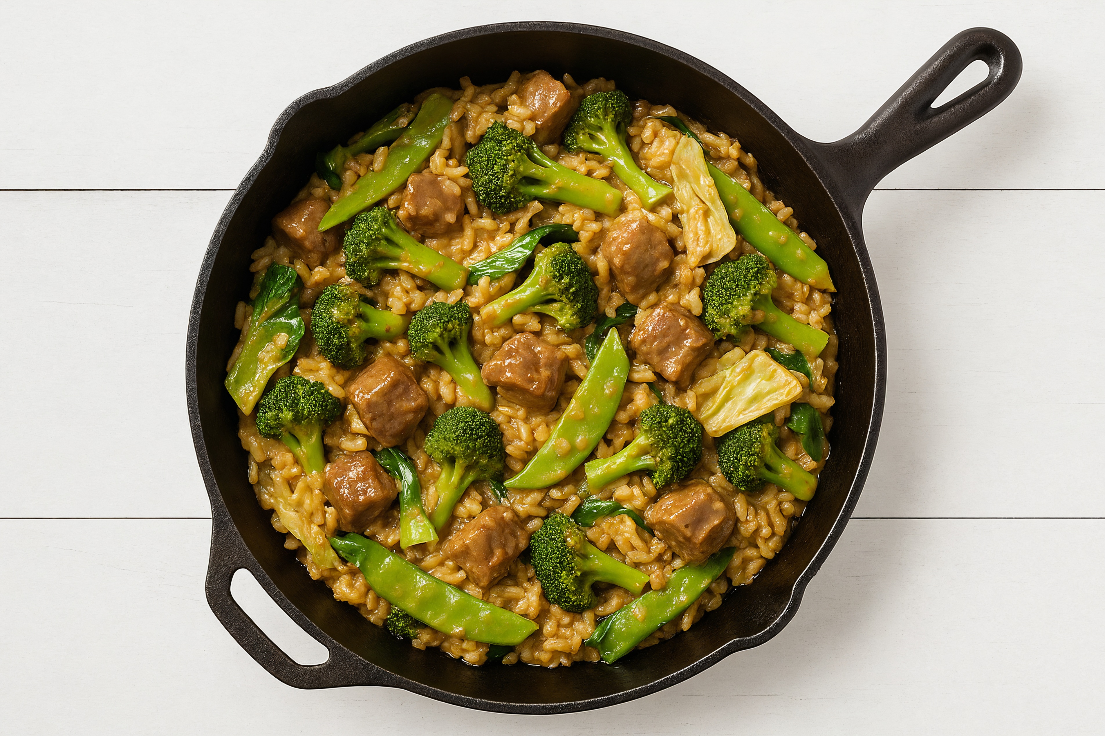 Thai Peanut Bok Choy + Bison Stir-Fry with Brown Rice