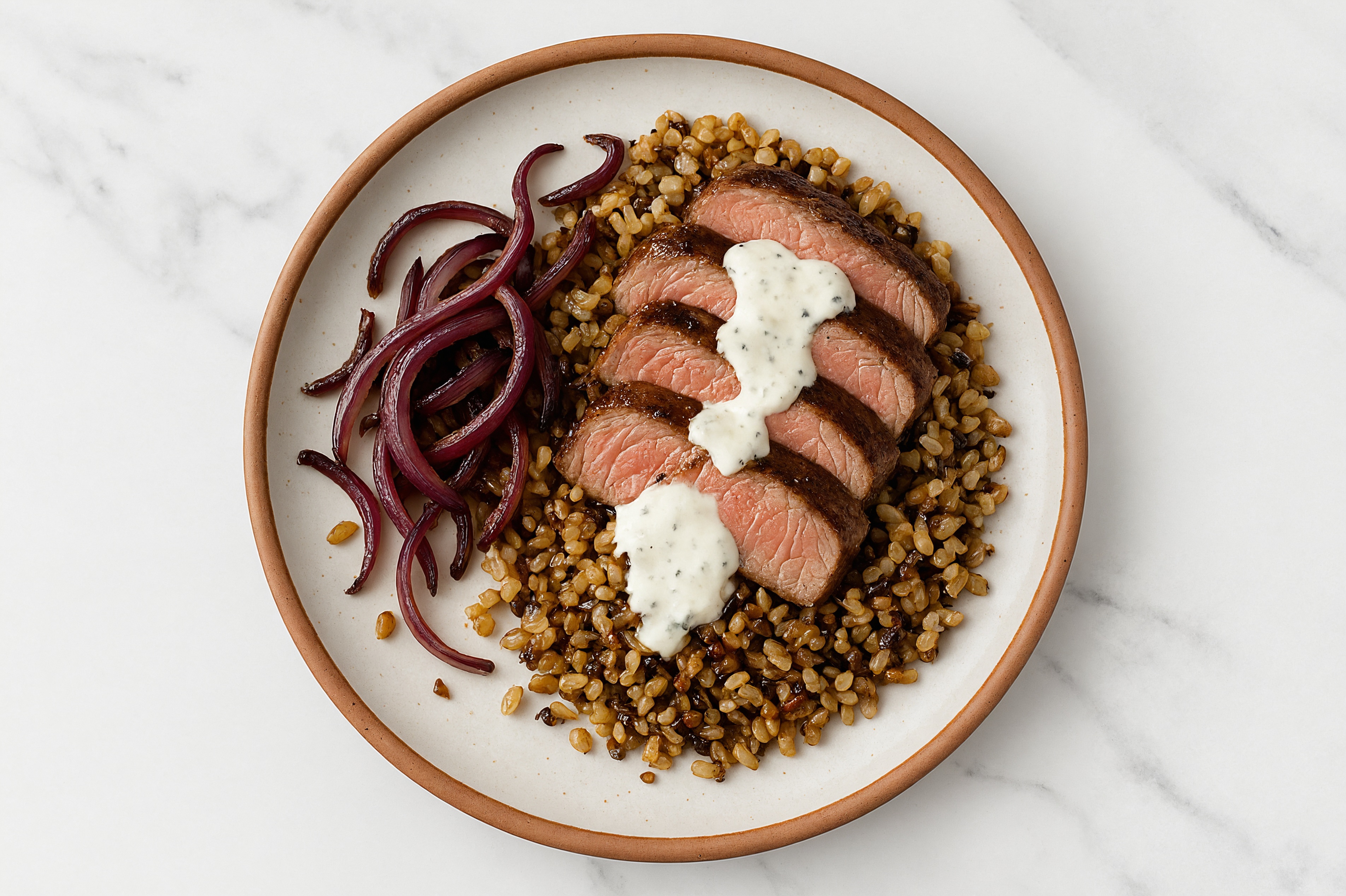 Strip Steak & Red Onion Grain Bowl with Tzatziki