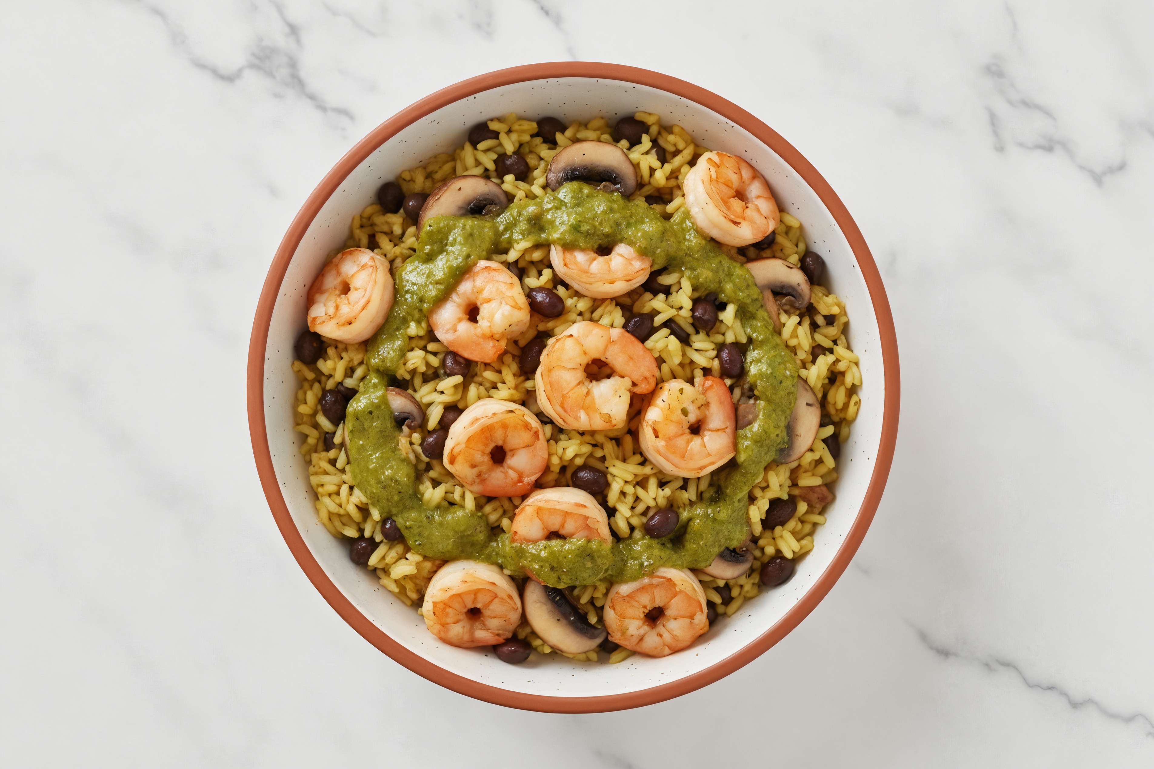Green Chile Shrimp + Mushroom Rice with Beans Bowl