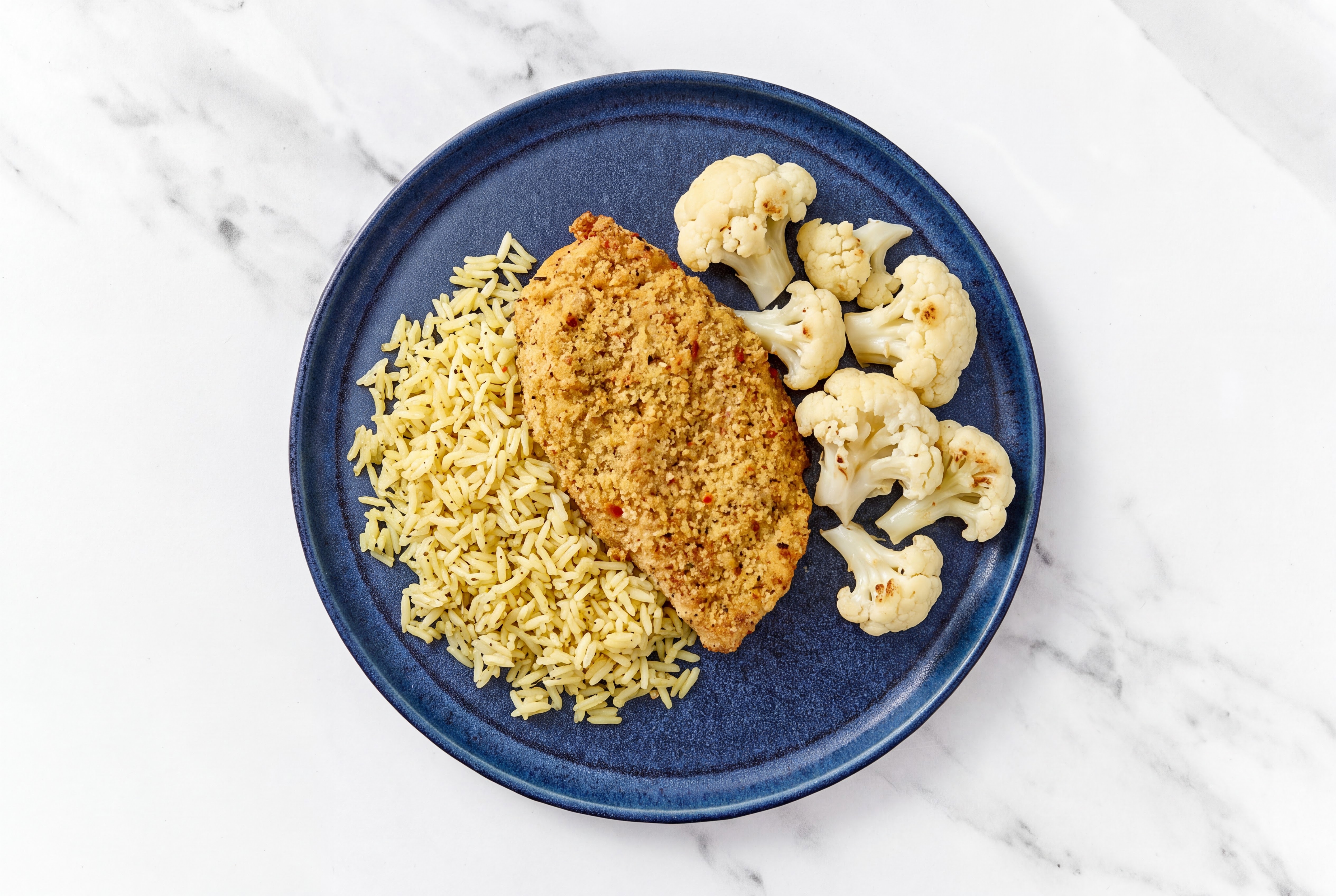 Parmesan Breaded Chicken Cutlet with Cauliflower Florets & Jasmine Rice