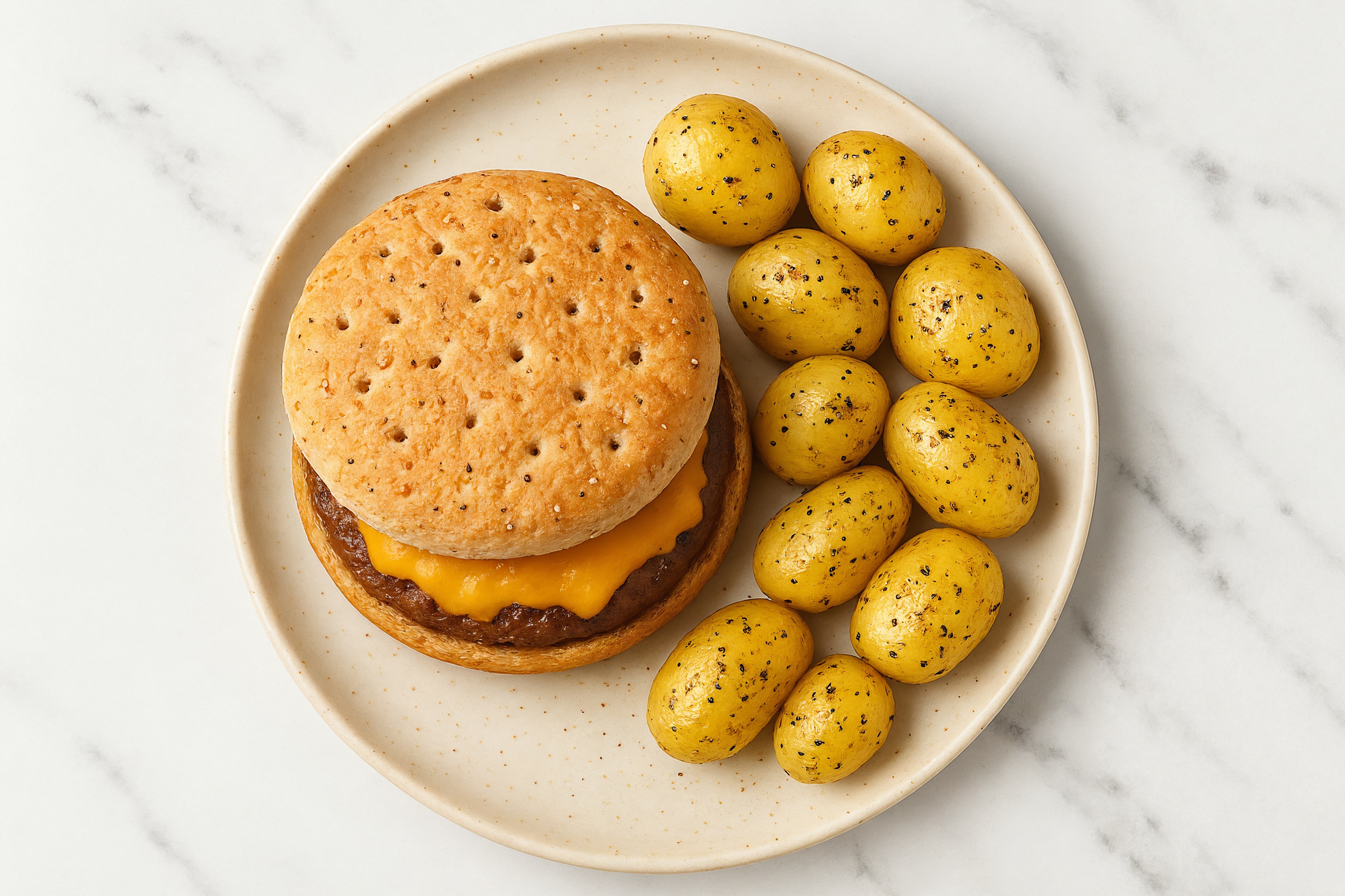 Juicy Bison Cheeseburger + Yellow Potatoes with Shredded Sharp Cheddar Cheese