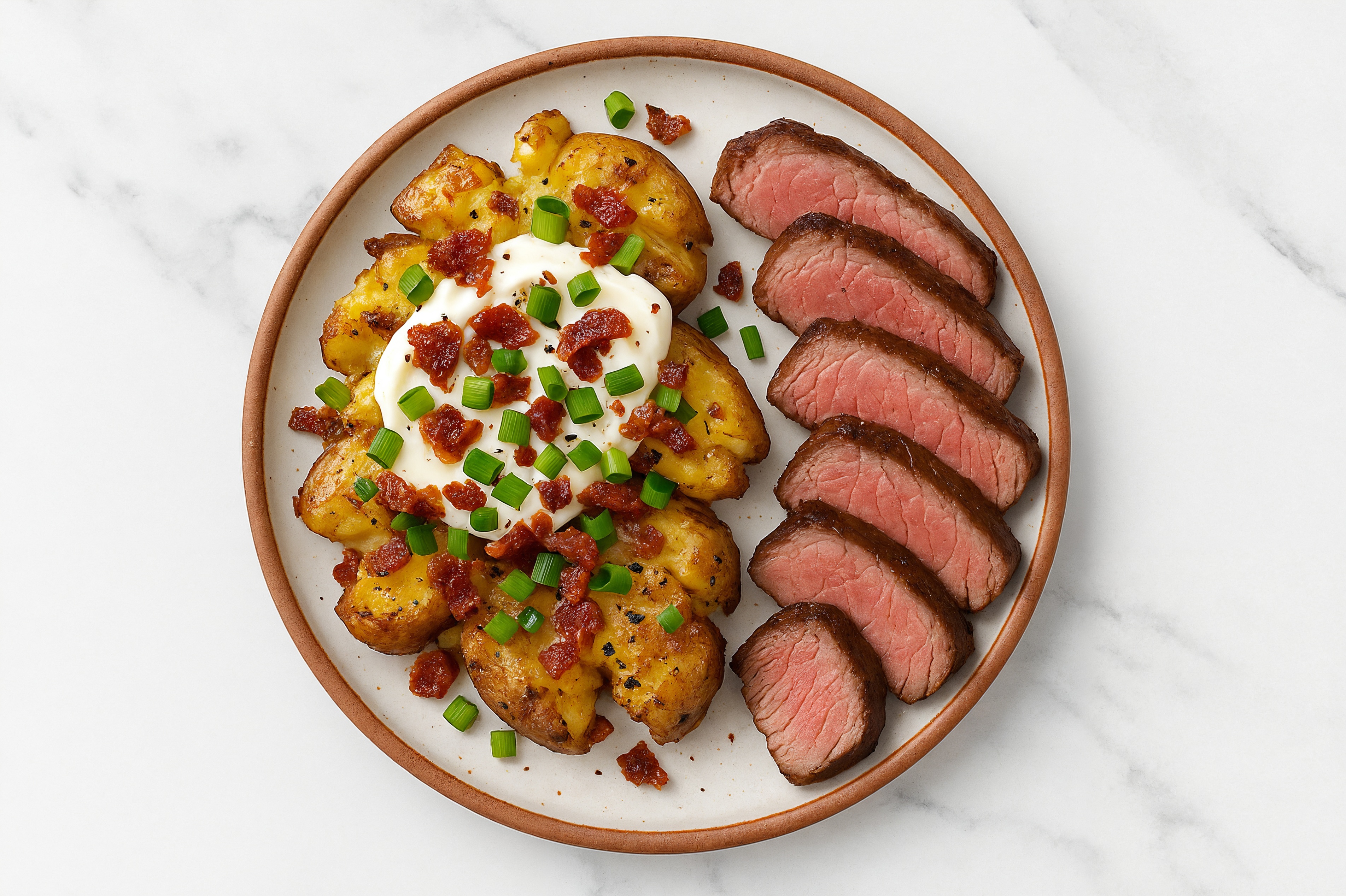 Sirloin Steak + Crispy Loaded Smashed Potatoes with Applewood Smoked Pork Bacon