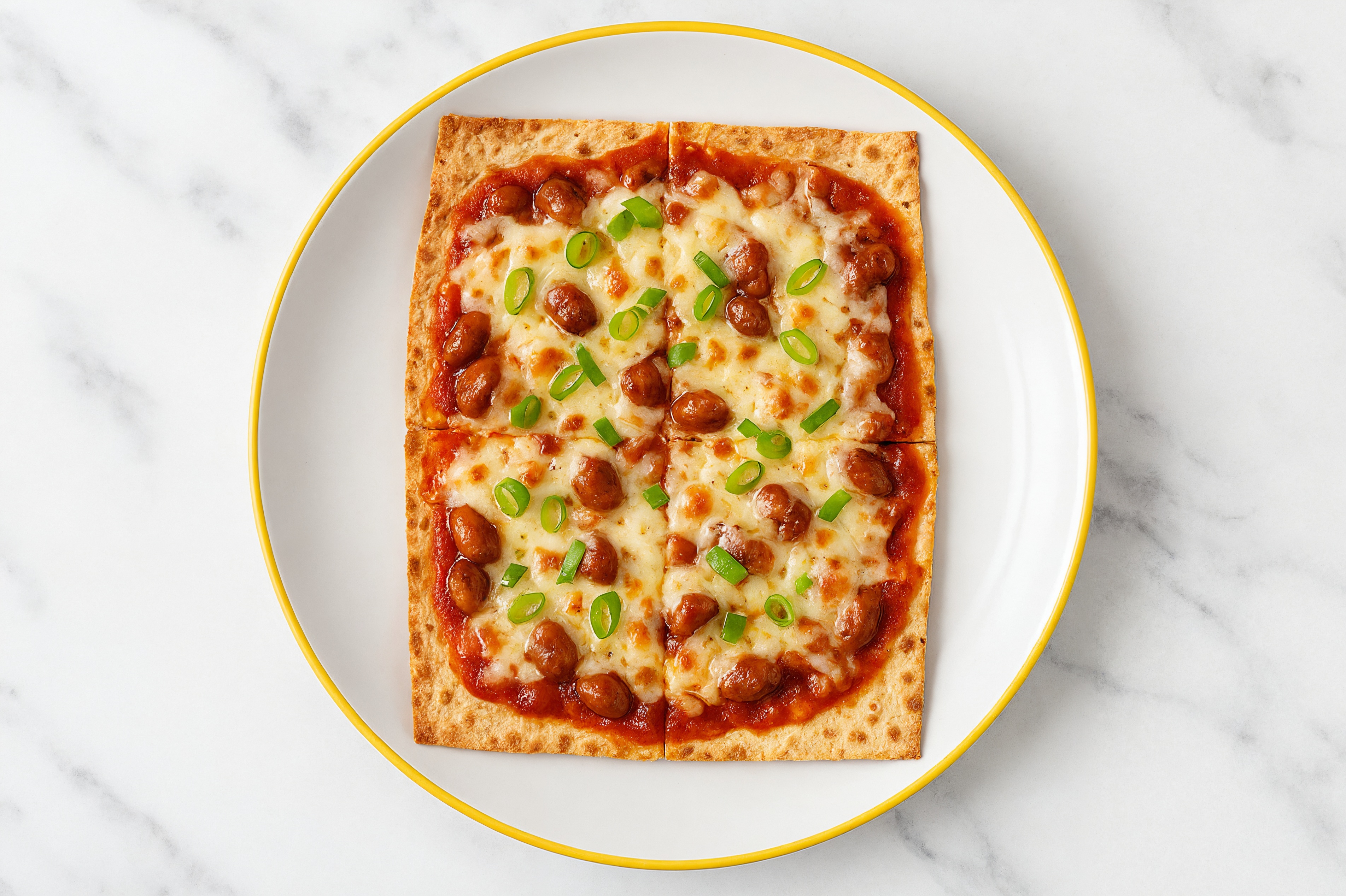 Red Sauce Creole Bean Lavash Pizza with "Mozzarella" + Fresh Scallions