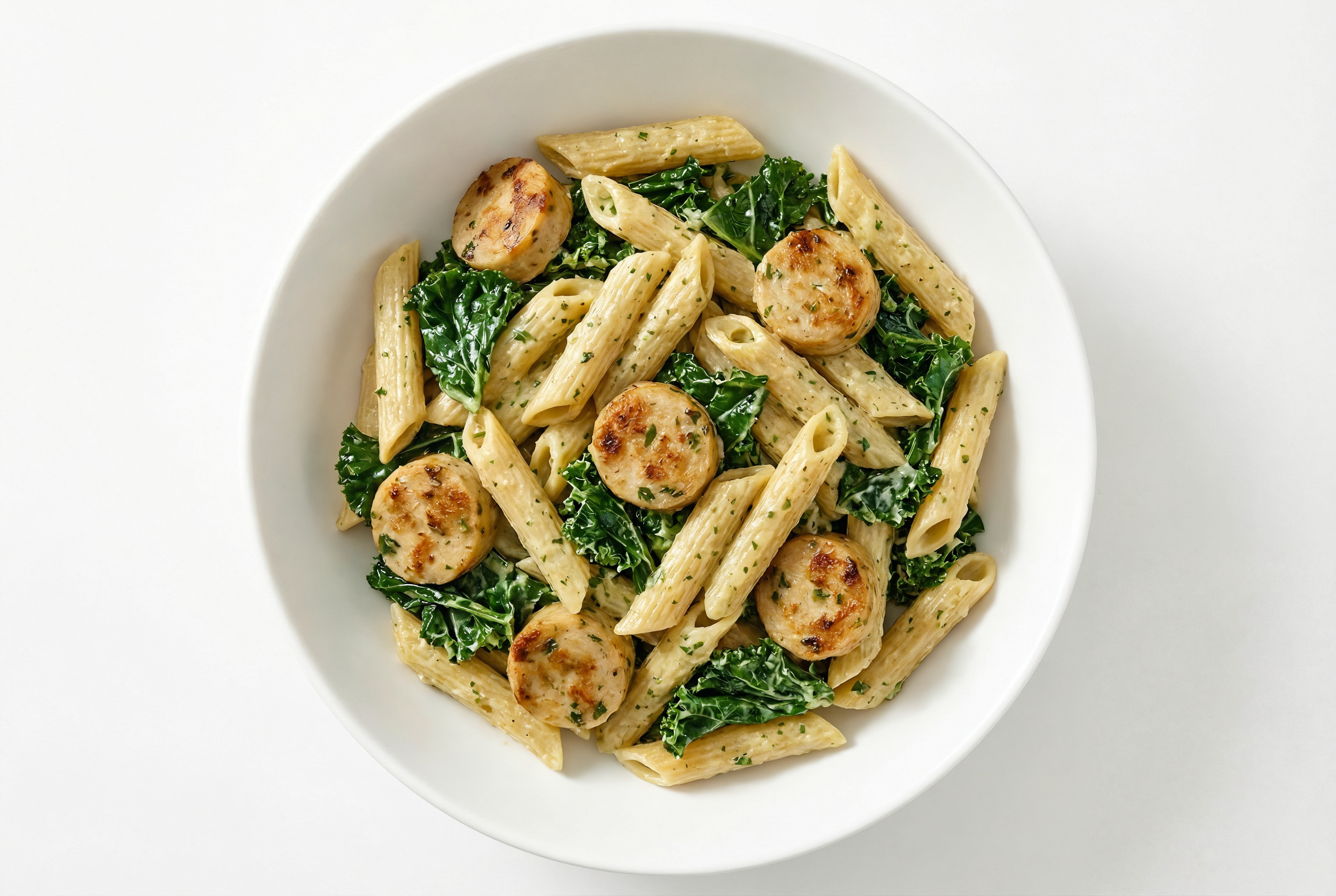 Spinach Artichoke Pasta with Chicken Sausage + Greens with Sourdough Penne Rigate
