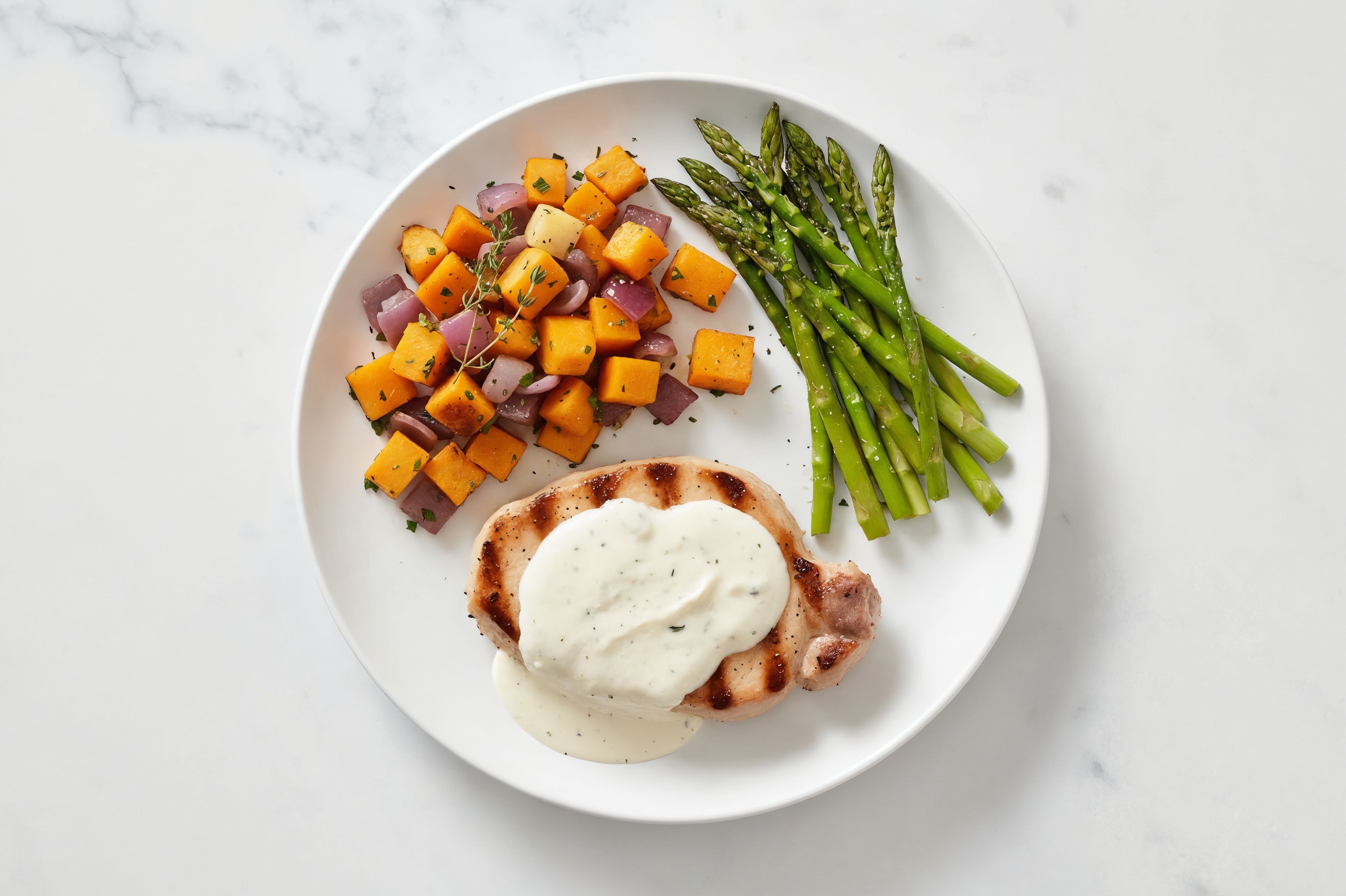 Creamy Parmesan Smothered Pork Chops with Asparagus & Roasted Vegetables