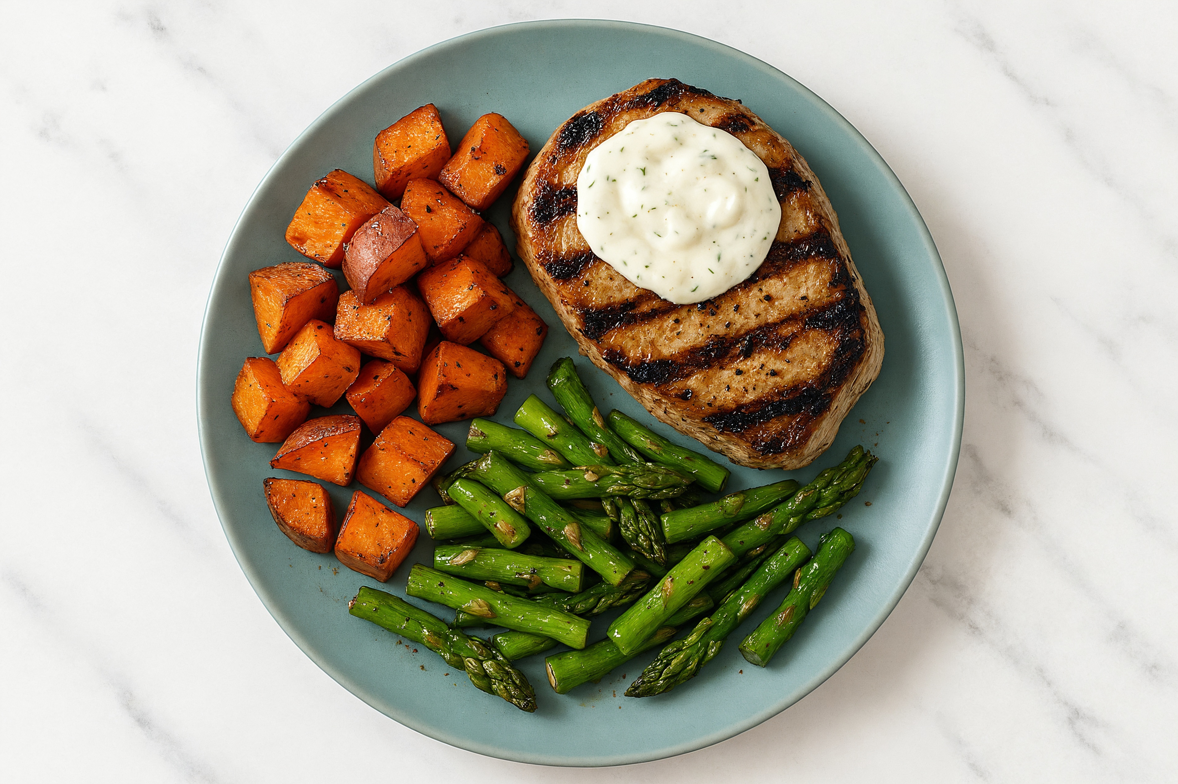  Grilled Pork Chops + Asparagus Spears with Dairy-Free Tzatziki