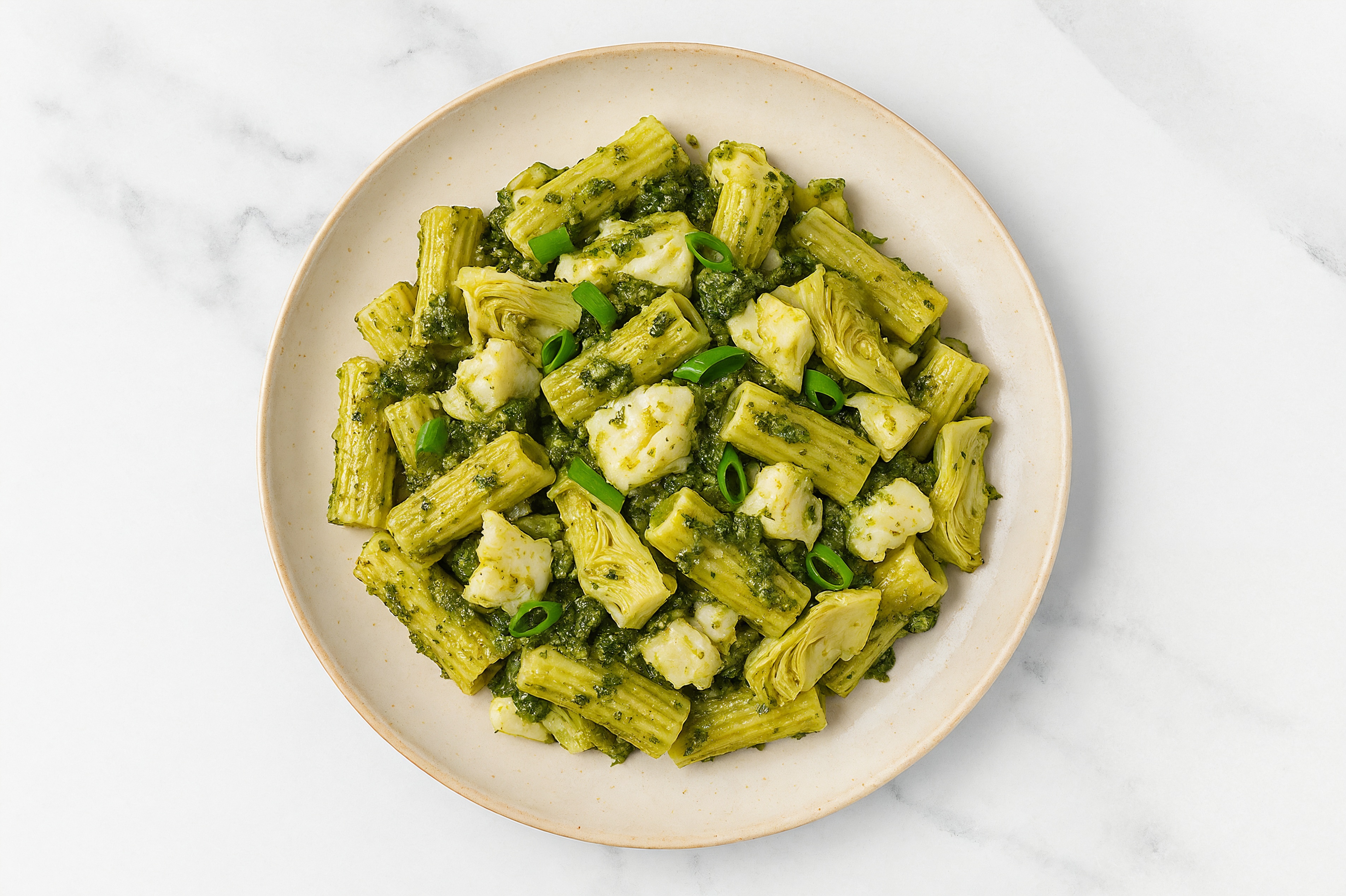 Super Green Cod Rigatoni with Artichoke Hearts + Fresh Scallions