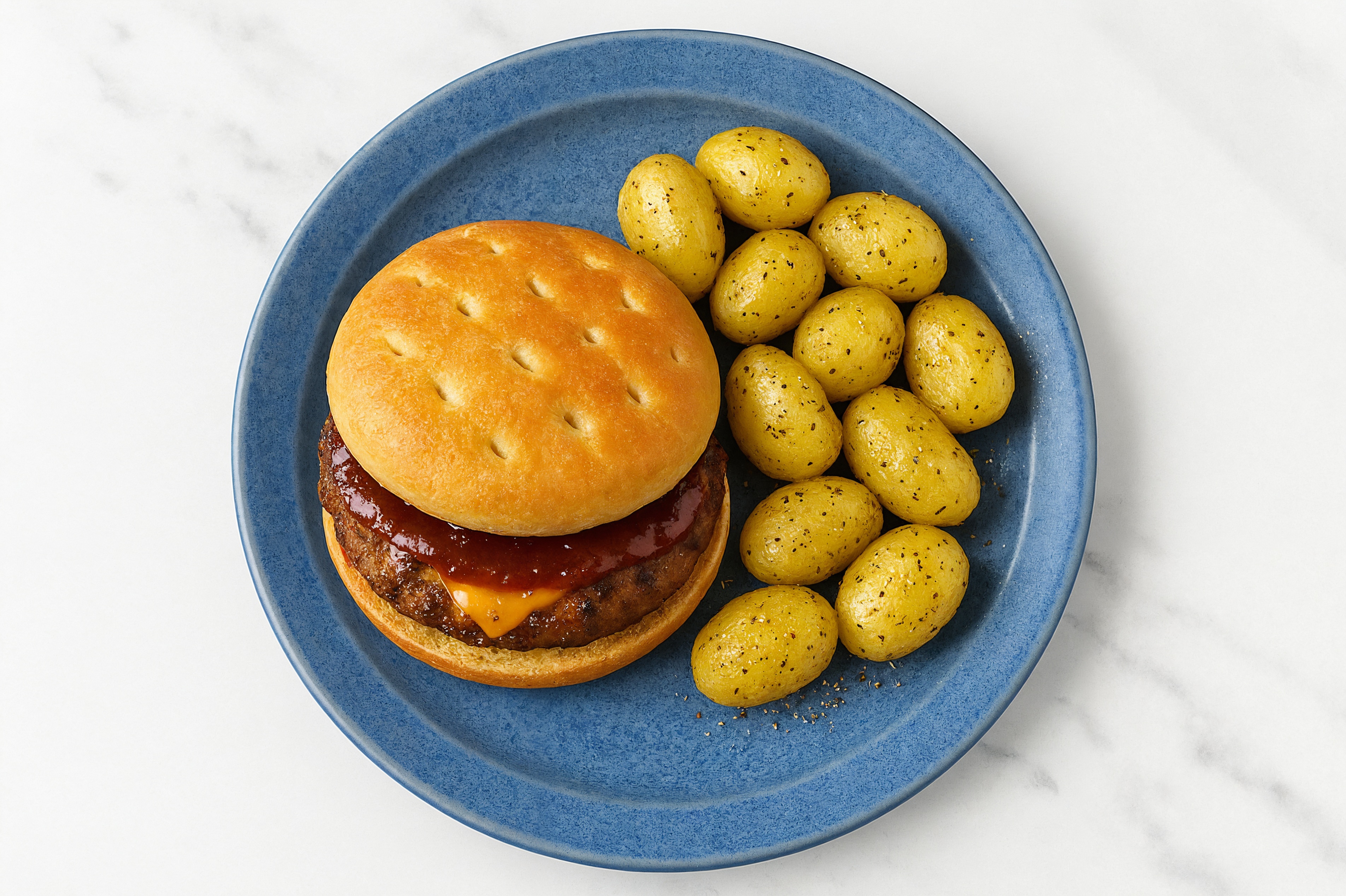 BBQ Bacon + Cheddar Burger with Yellow Potatoes