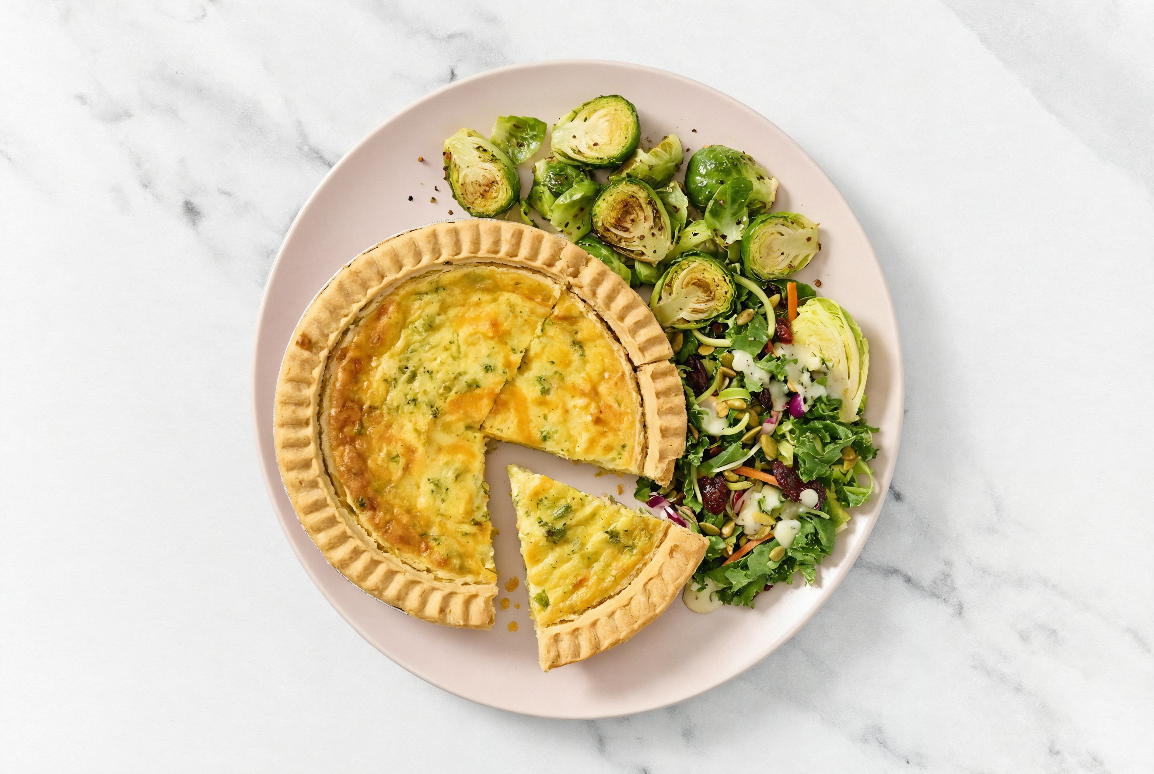 Broccoli & Cheddar Quiche with Brussels & Kale Salad