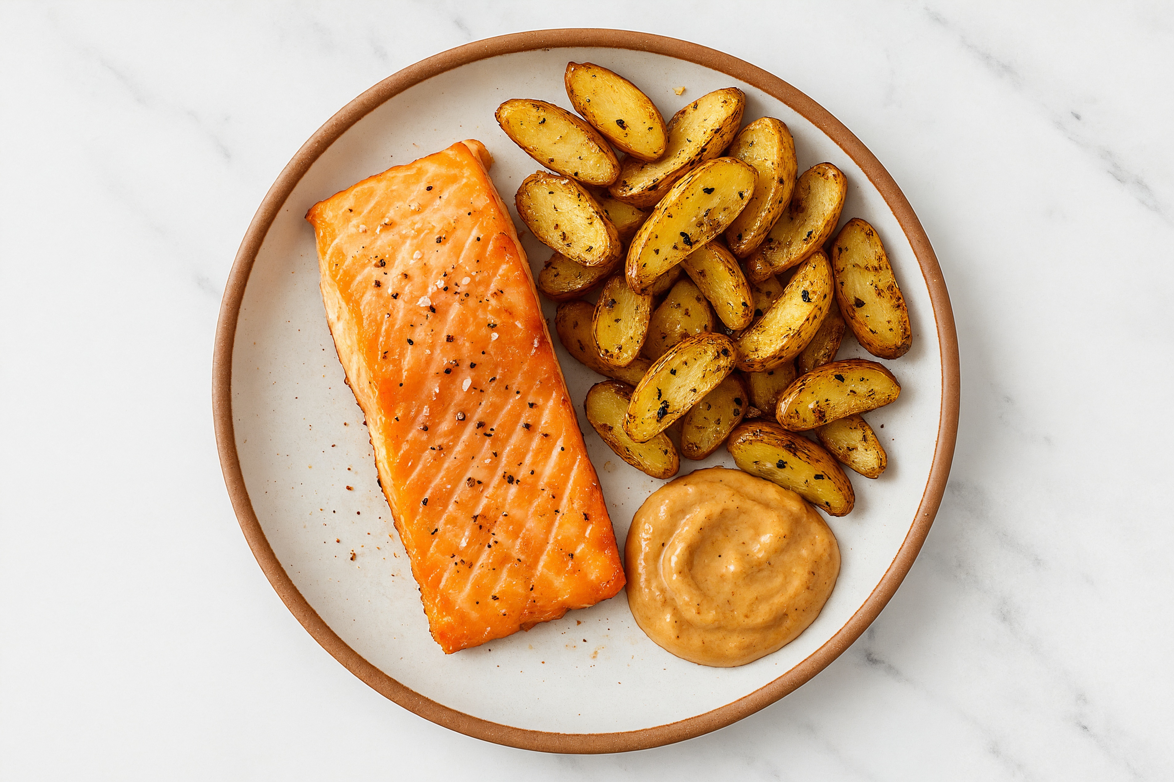 Smashed Crispy Fingerlings + Salmon with Creamy Smokey Sauce