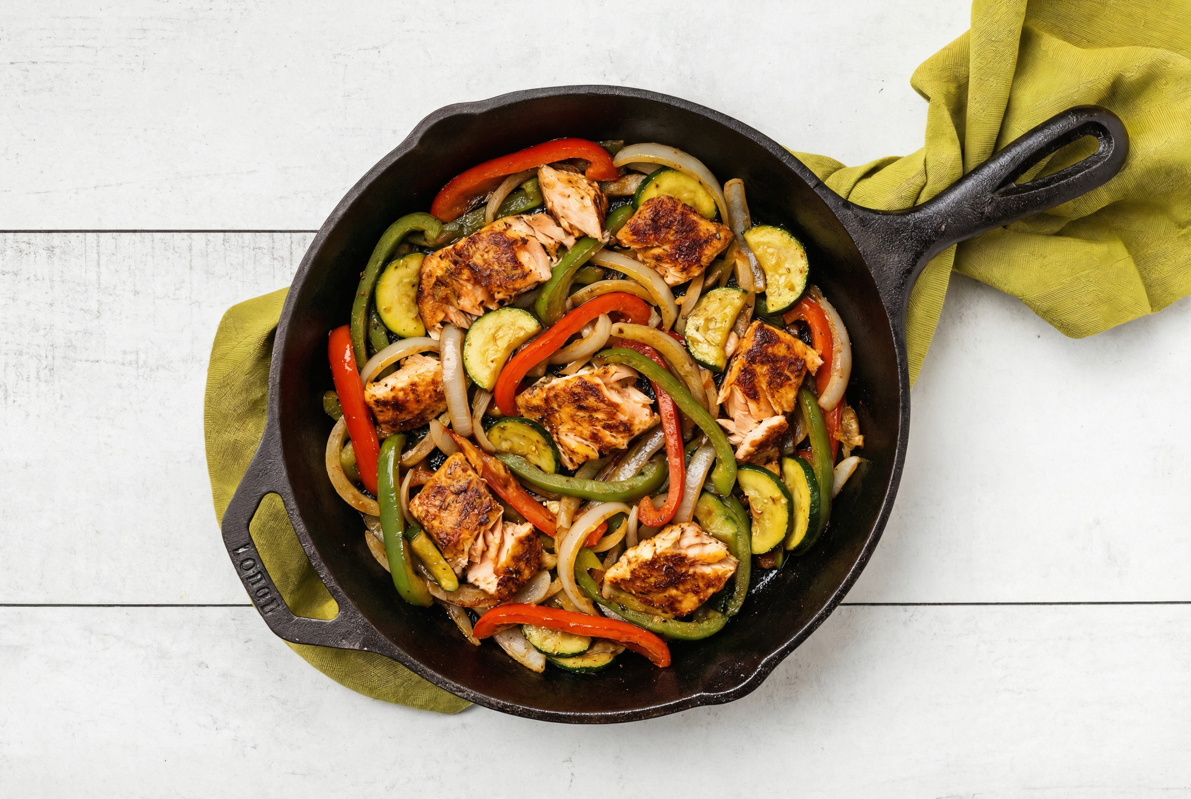 Blackened Salmon + Zucchini Skillet with Bell Pepper Onion Saute