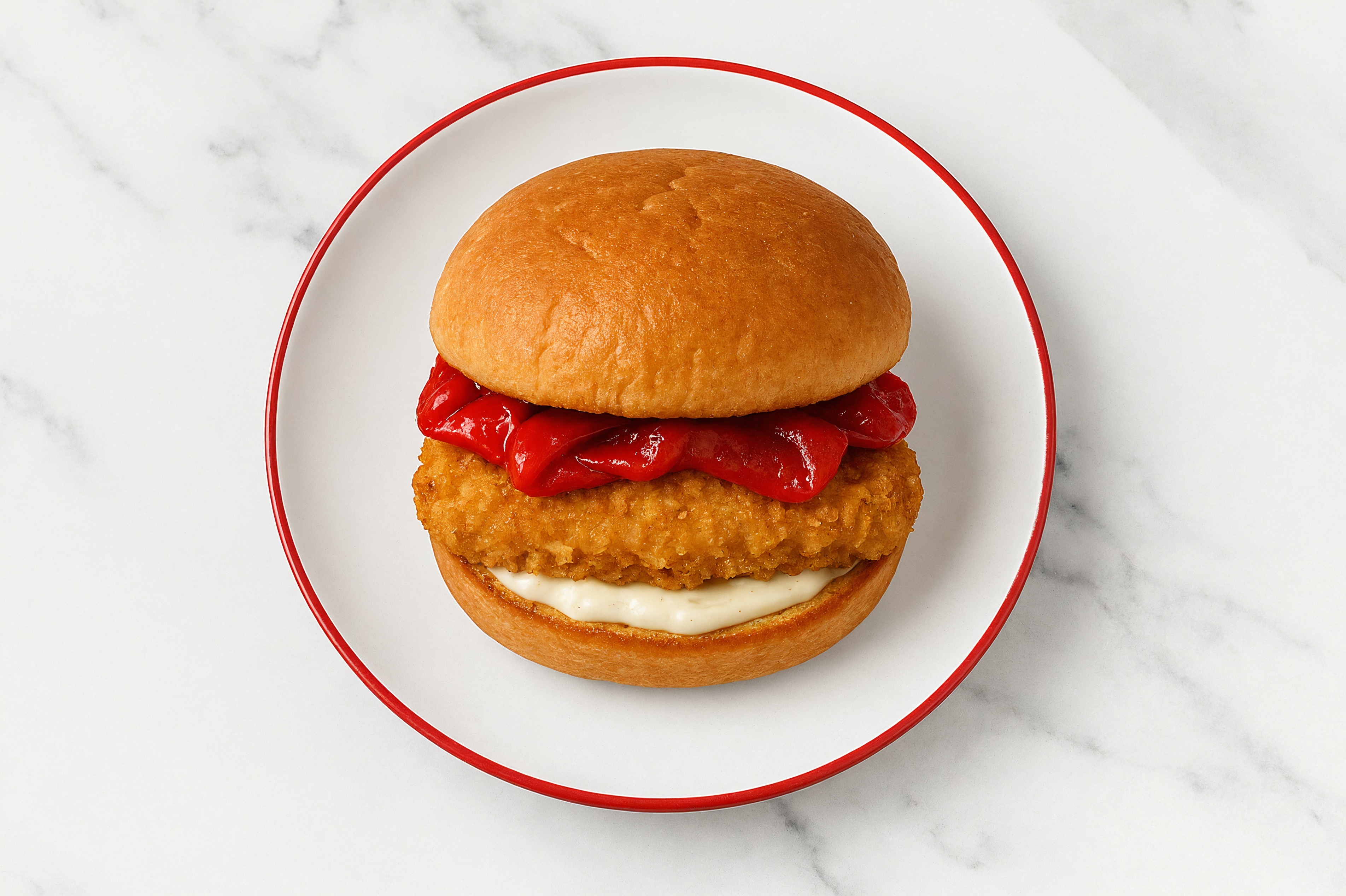 Creamy Horseradish "Chicken" Tenders Sandwich with Roasted Peppers on Gluten-Free Buns