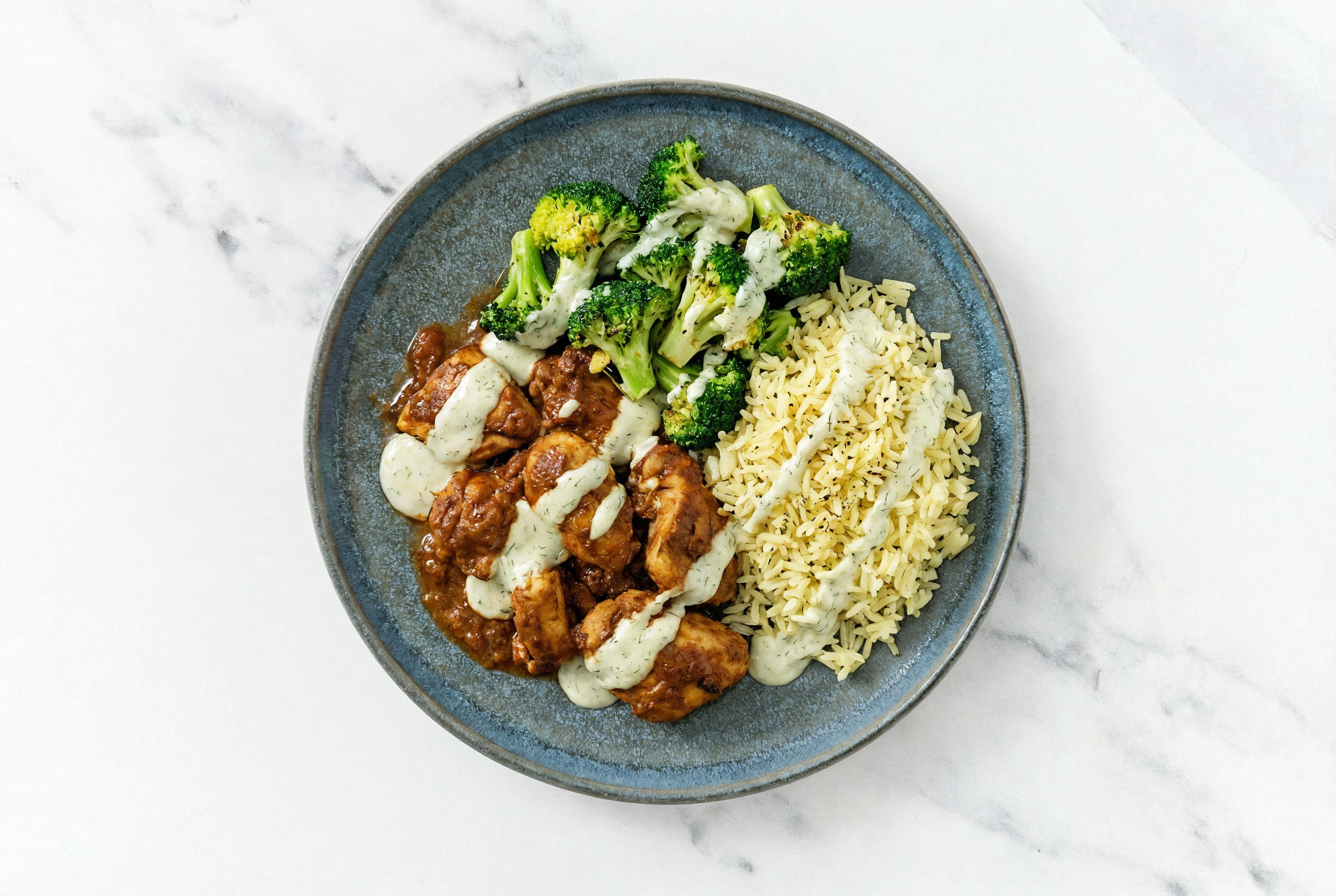 Creamy Dill Tandoori Chicken Rice Bowl with Broccoli Florets