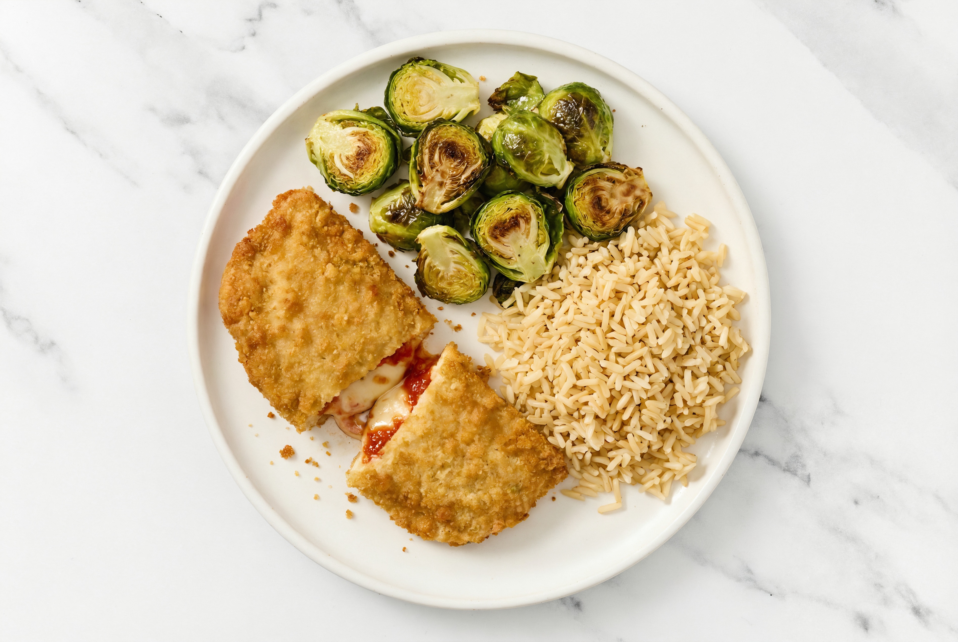 "Chicken" Parm with Brussels & Bone Broth Rice