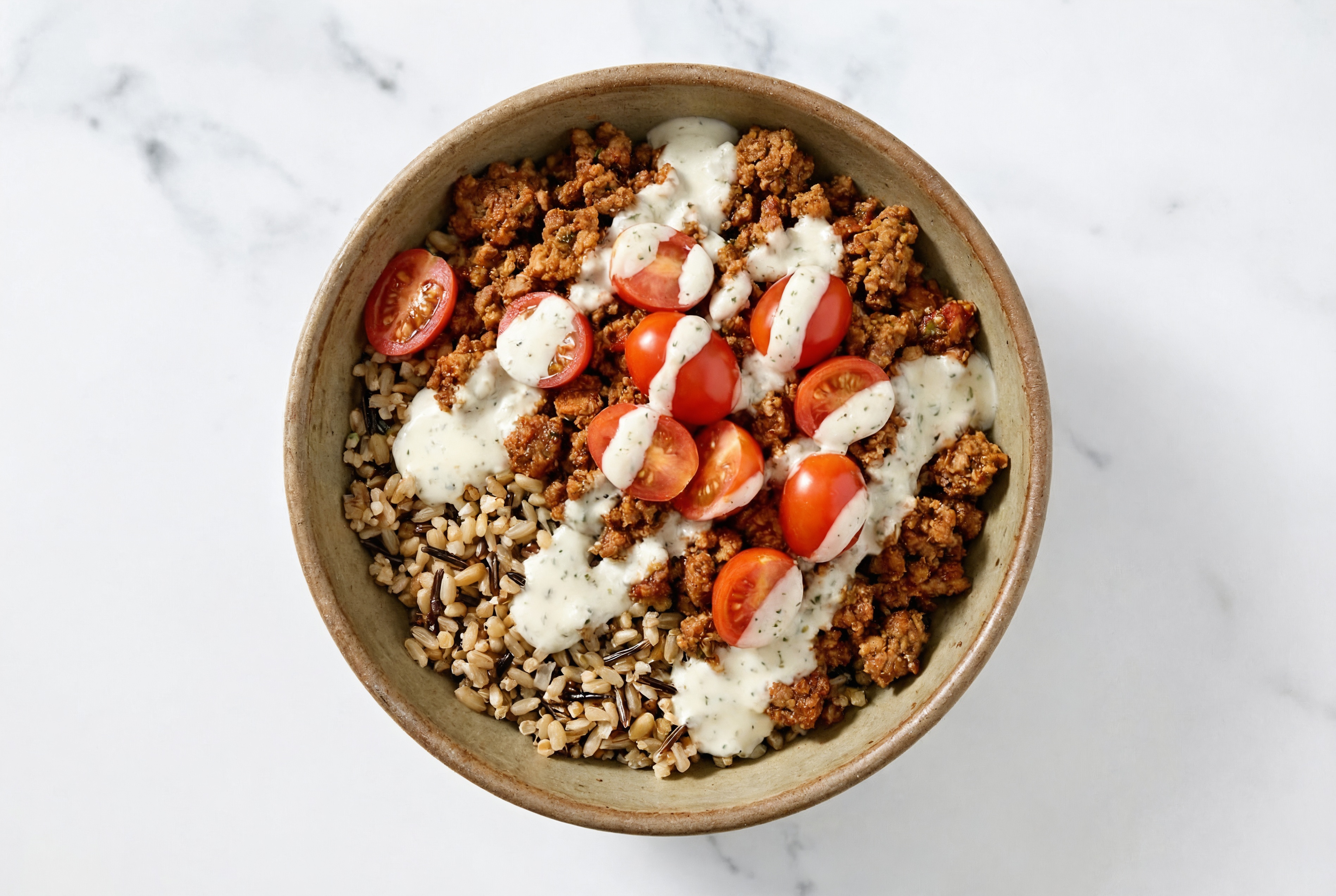 Mexican-Style Ground Beef & Tomato Grain Bowl with Ranch Dressing