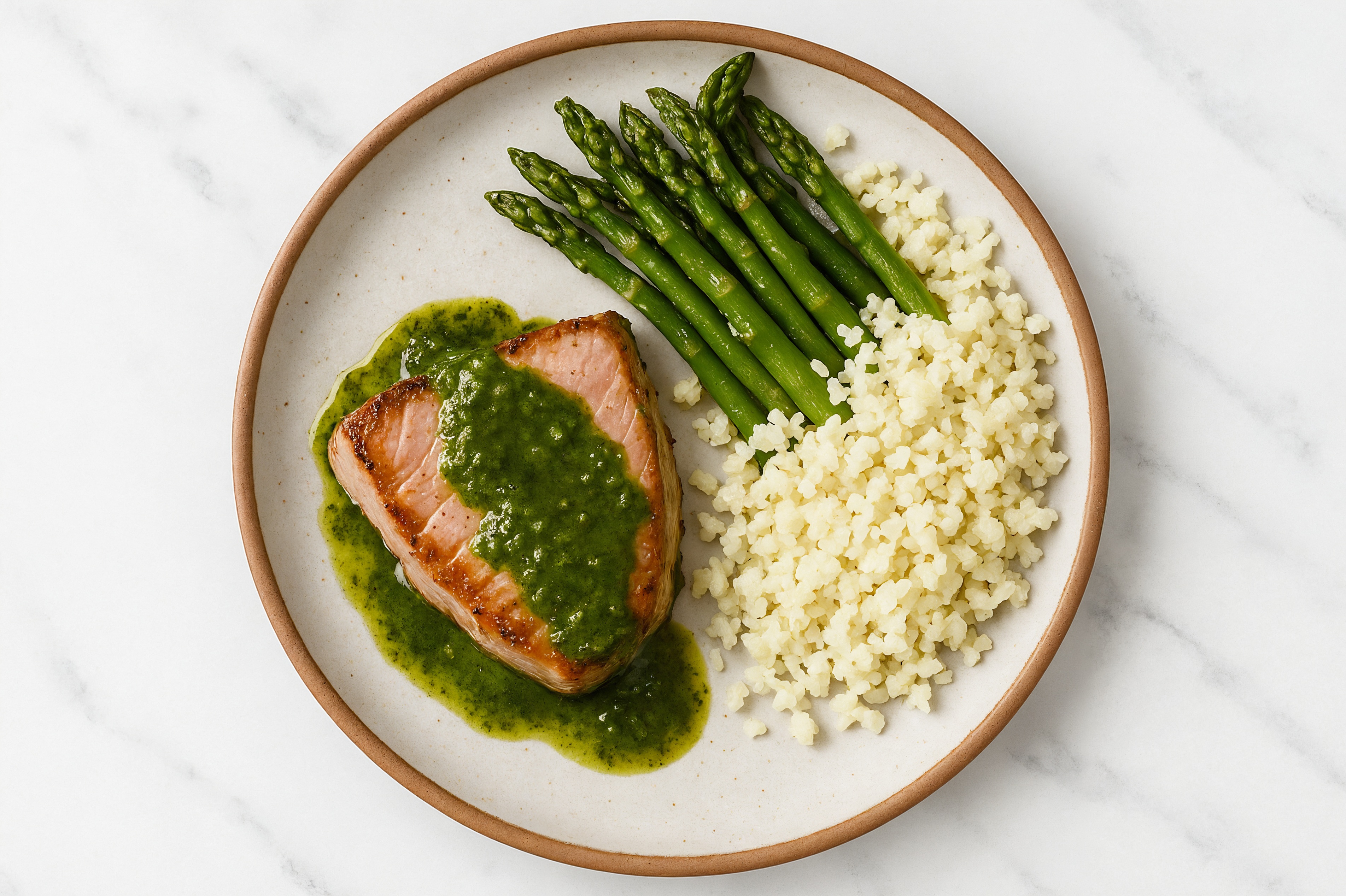 Basil Pesto Tuna Steak with Asparagus + Rice with Riced Cauliflower