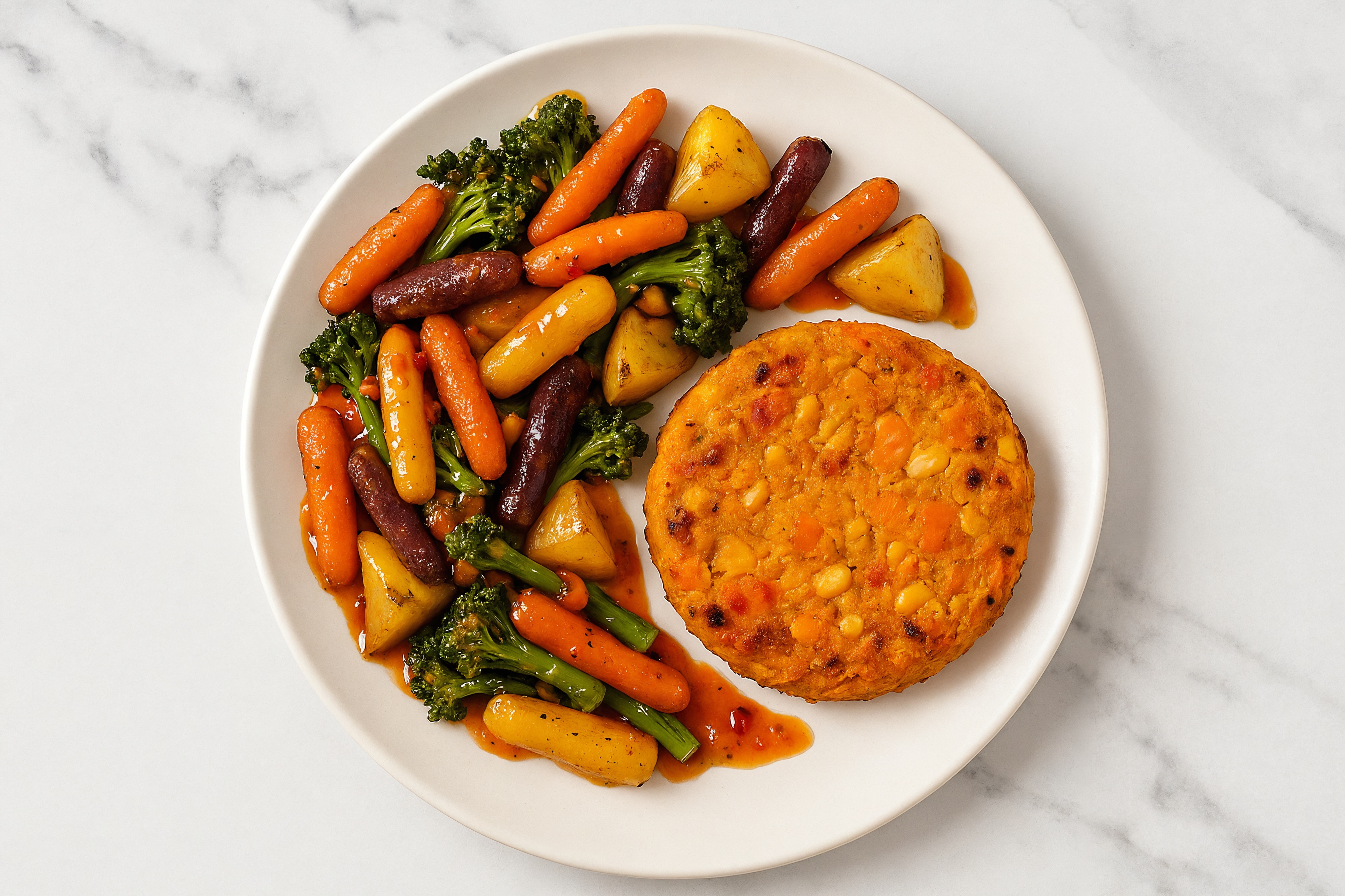 Roasted Carrots + Yellow Potatoes with Sweet Chili Lime, Veggie Potato Burger Patties Plate