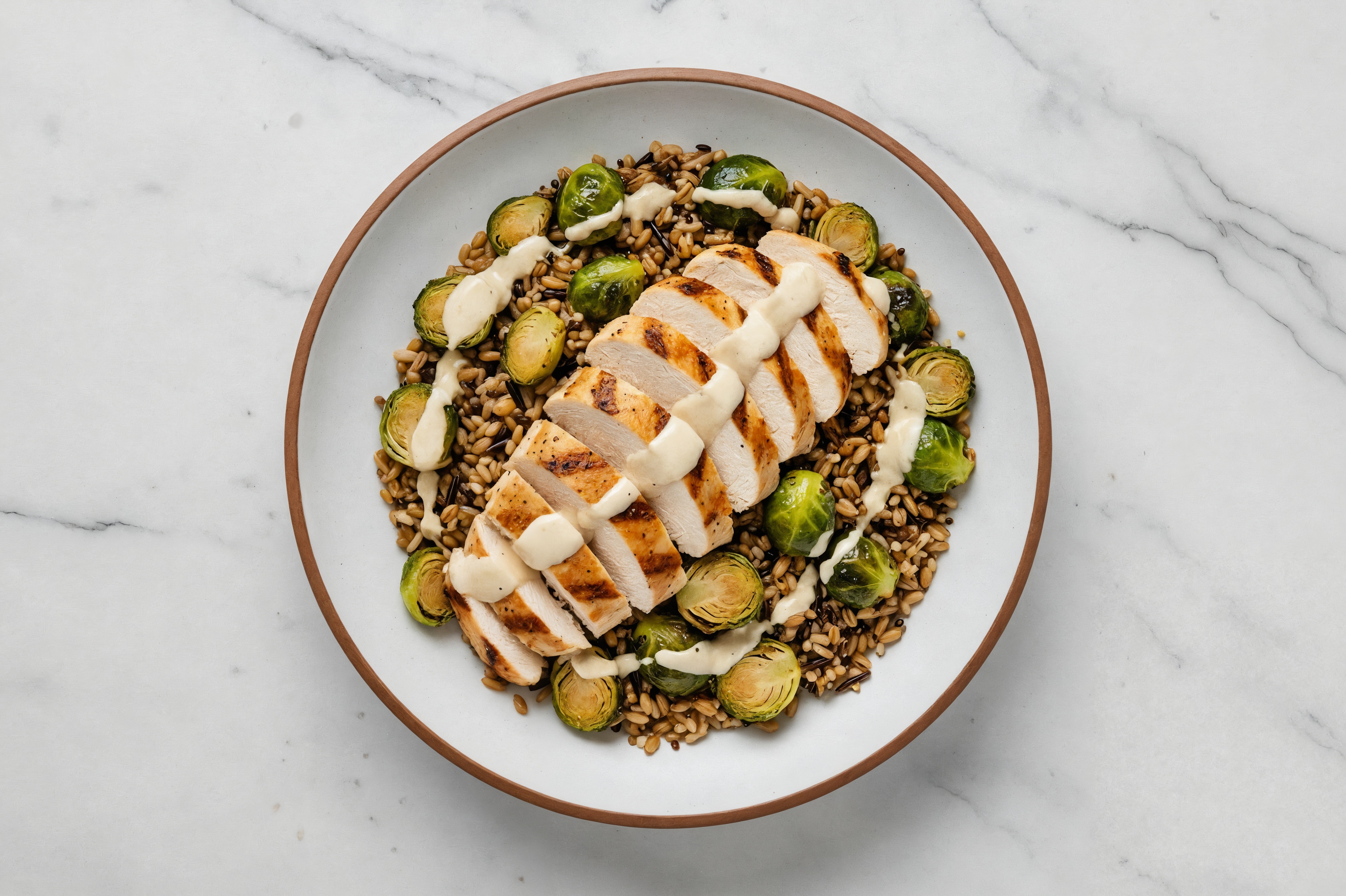 Garlicky Grilled Chicken + Brussels Grain Bowl