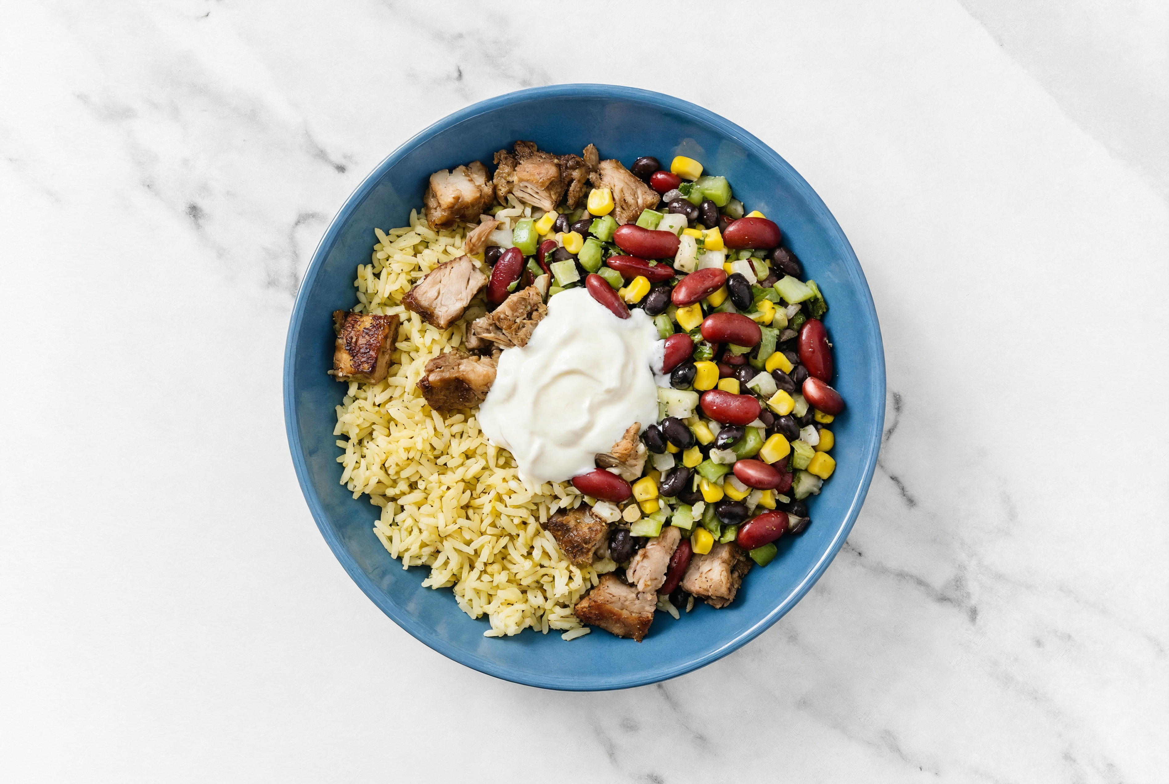 Herby Creamy Carnitas Burrito Bowl with Seasoned Jasmine Rice
