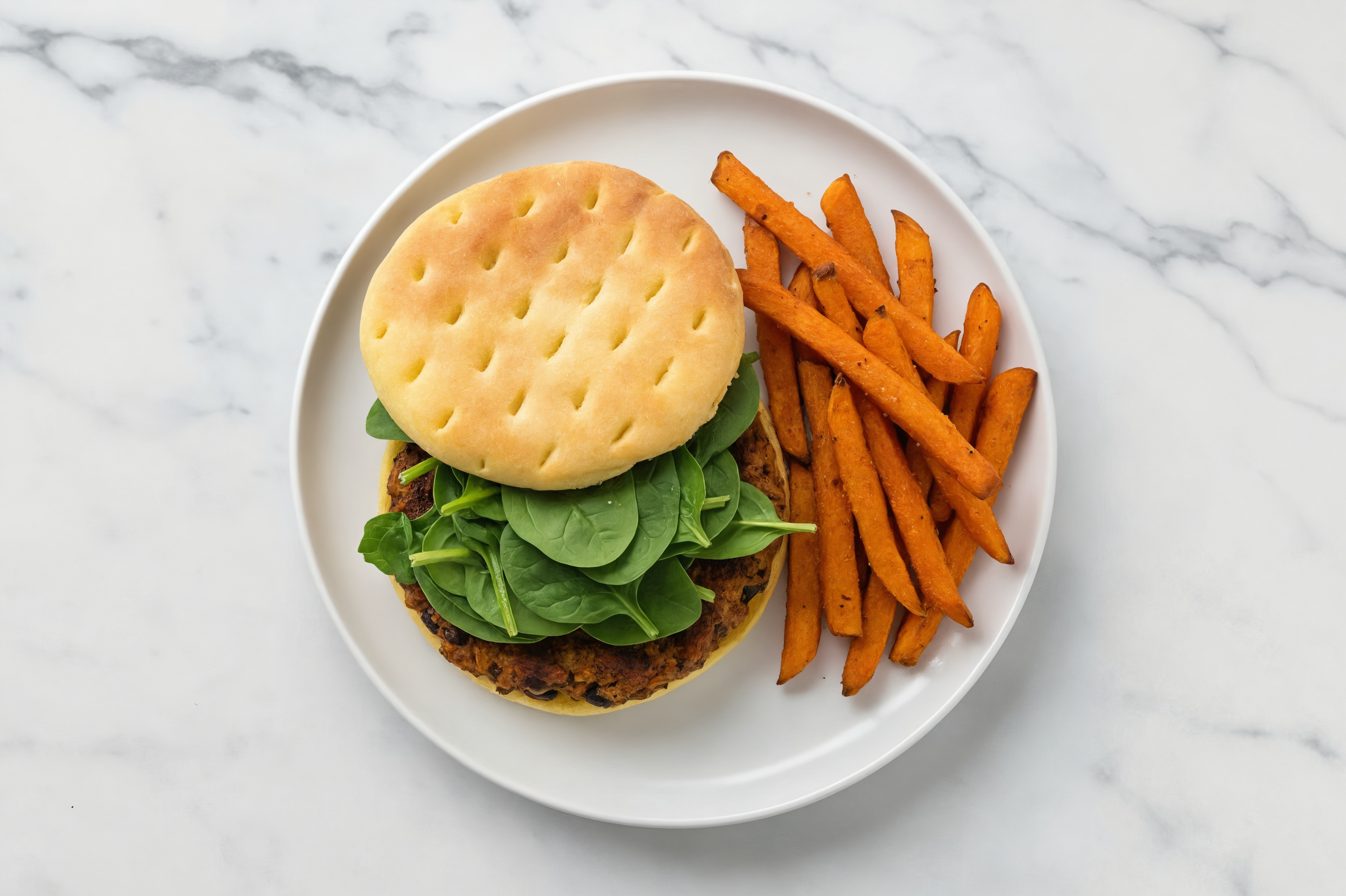 Herby Easy Black Bean-y Burger + Sweet Potato Fries with Baby Spinach