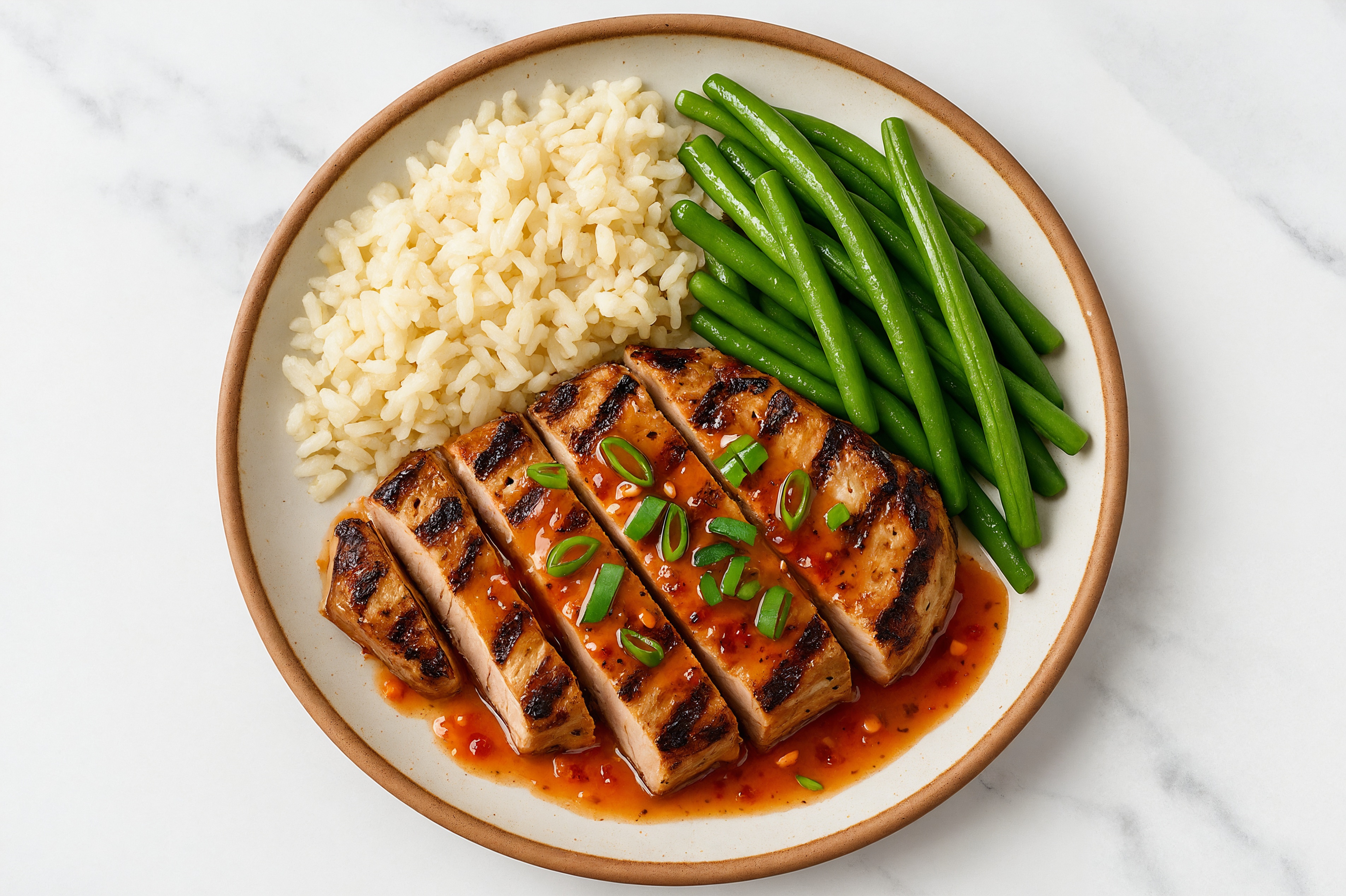 Grilled Pork Chops + Rice, Green Beans, Scallions + Sweet Chili Lime Bowl