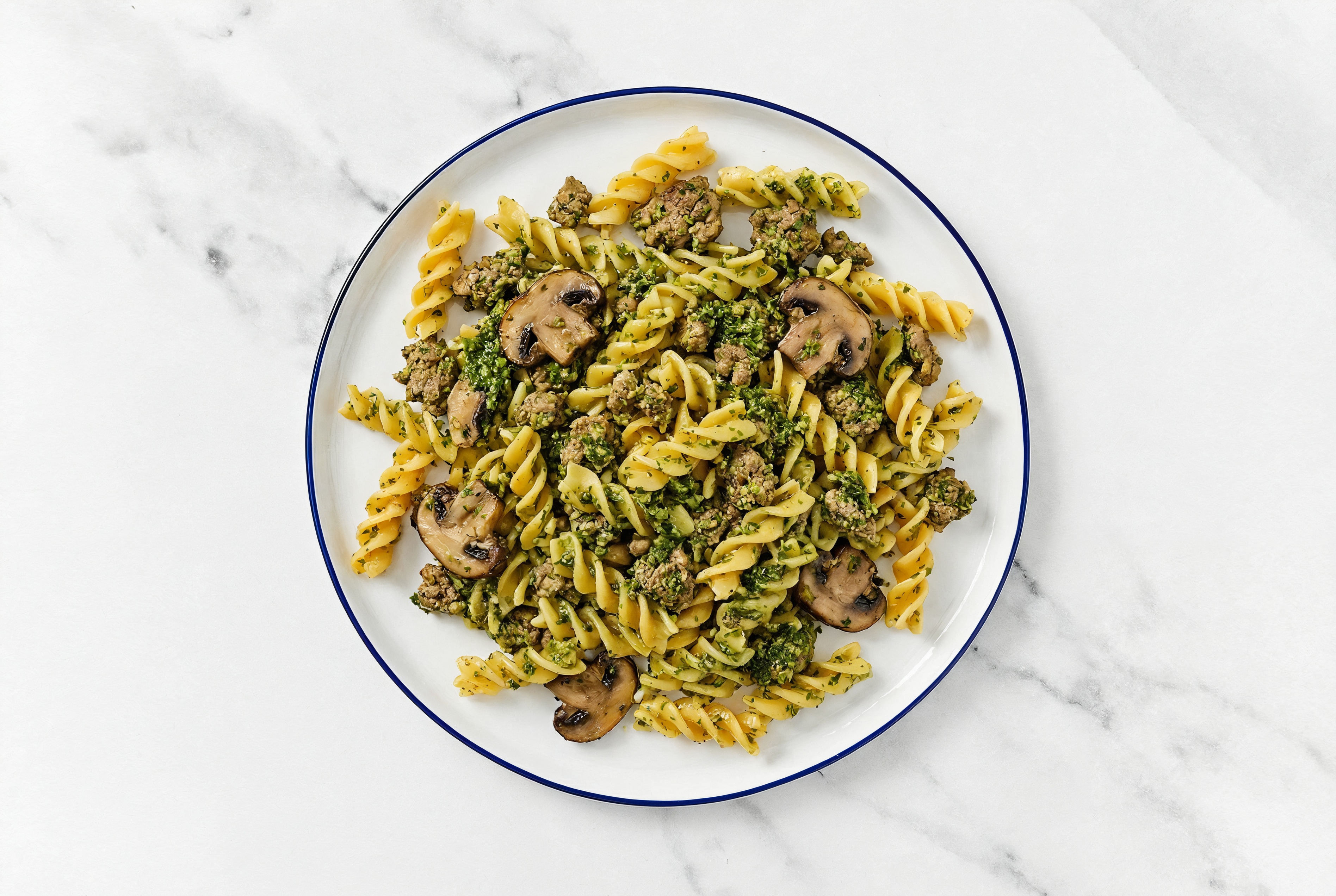 Lentil Fusilli Kale Pesto with Ground Bison & Mushrooms