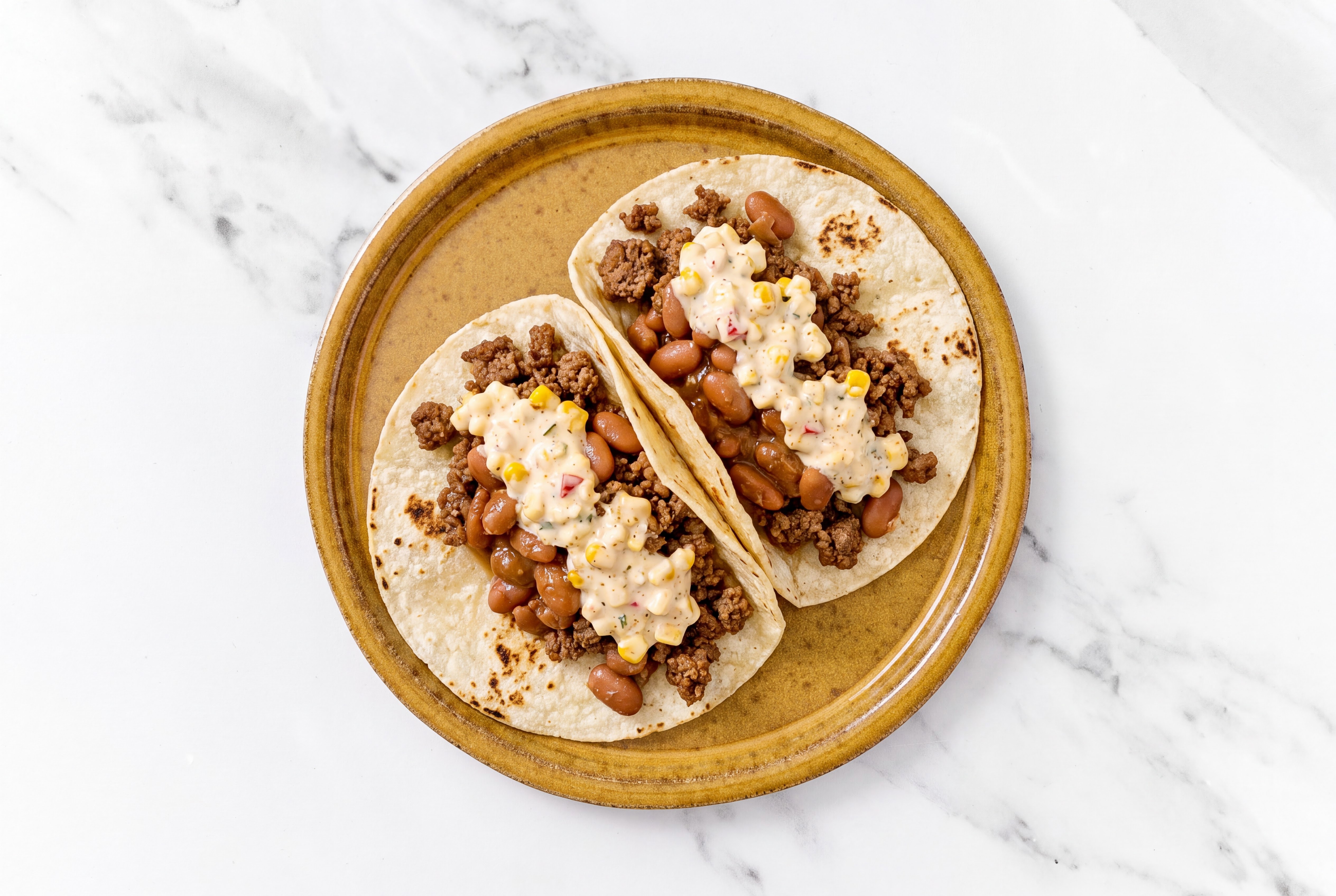 Ground Beef Tacos with Street White Corn Tortillas Sauce & Pinto Beans